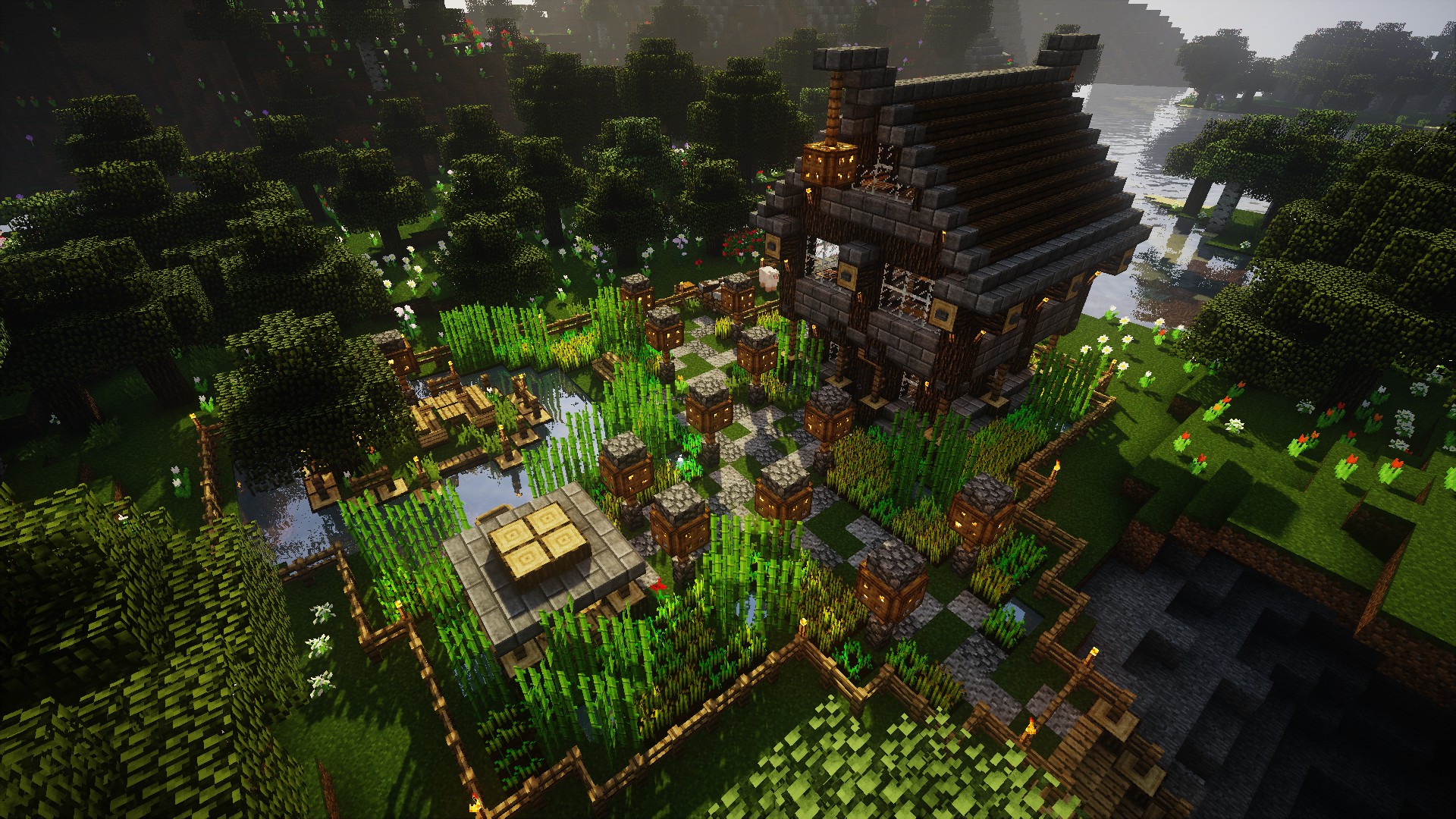 General 1920x1080 Minecraft video games farm house forest oak trees water grass Mojang