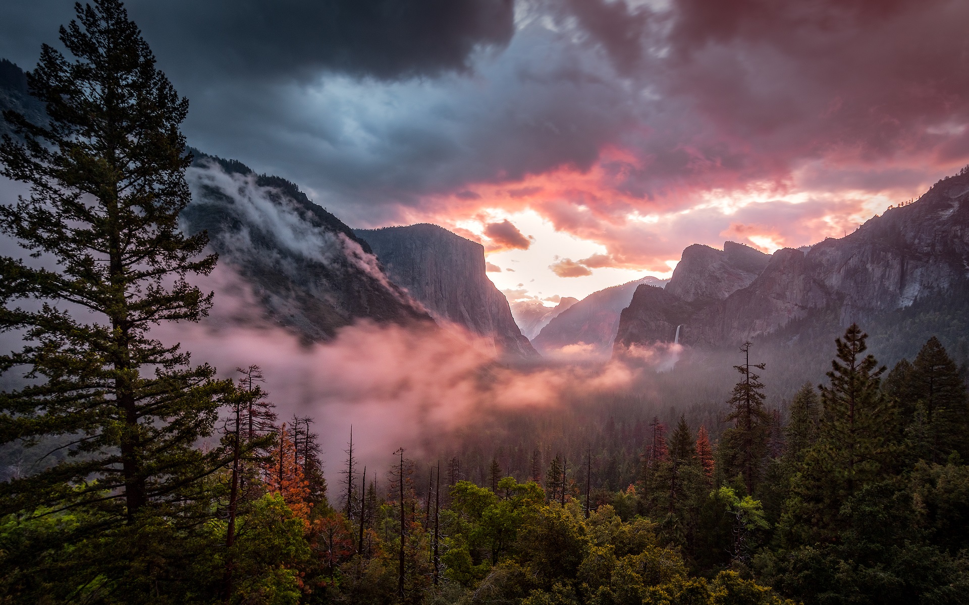 General 1920x1200 nature landscape trees forest mountains sunset clouds pine trees Yosemite National Park
