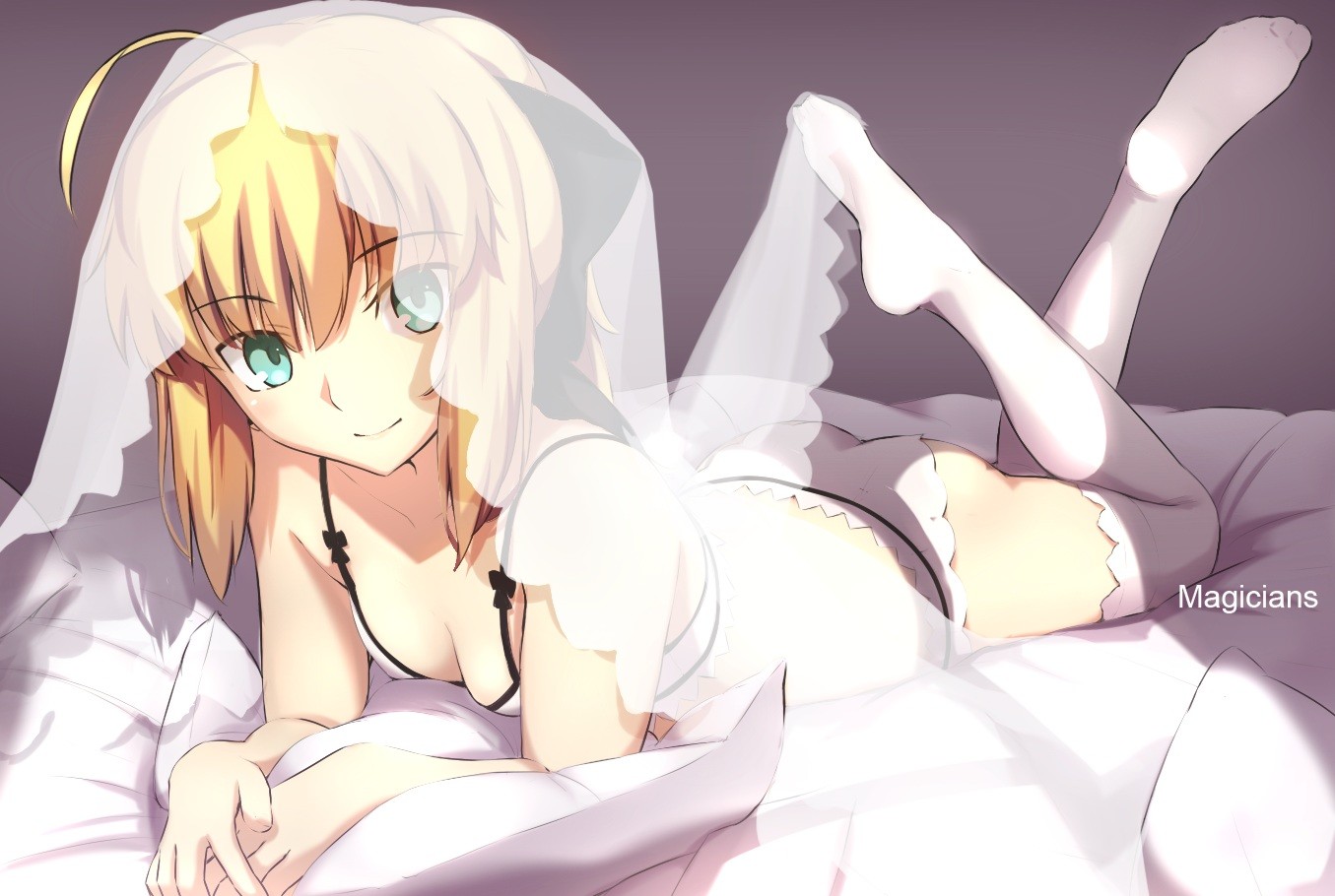 Anime 1355x910 anime girls legs up blonde green eyes in bed anime Fate series Saber