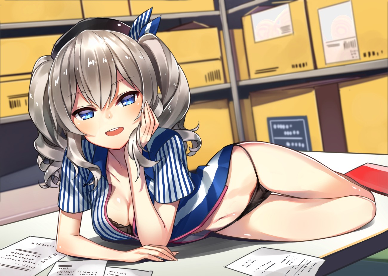 Anime 1300x924 anime anime girls Kantai Collection Kashima (KanColle) cleavage belly button uniform Pixiv panties striped clothing blue eyes looking at viewer