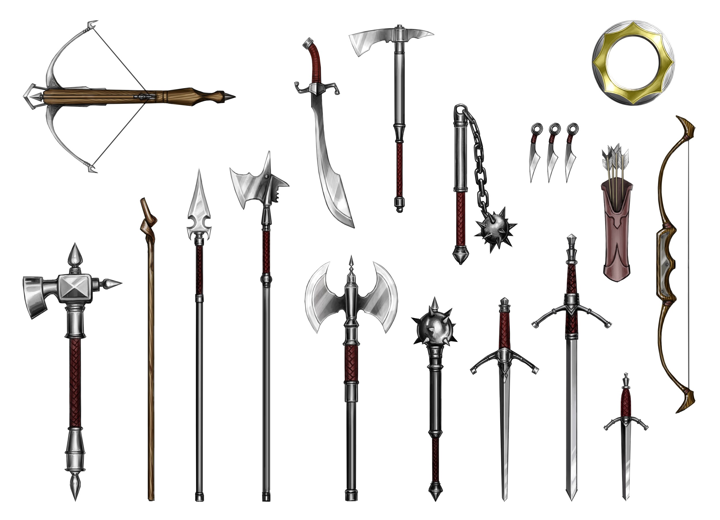 General 2500x1807 bow arrows quiver scimitar short sword flail spear battle axe crossbow mace artwork weapon