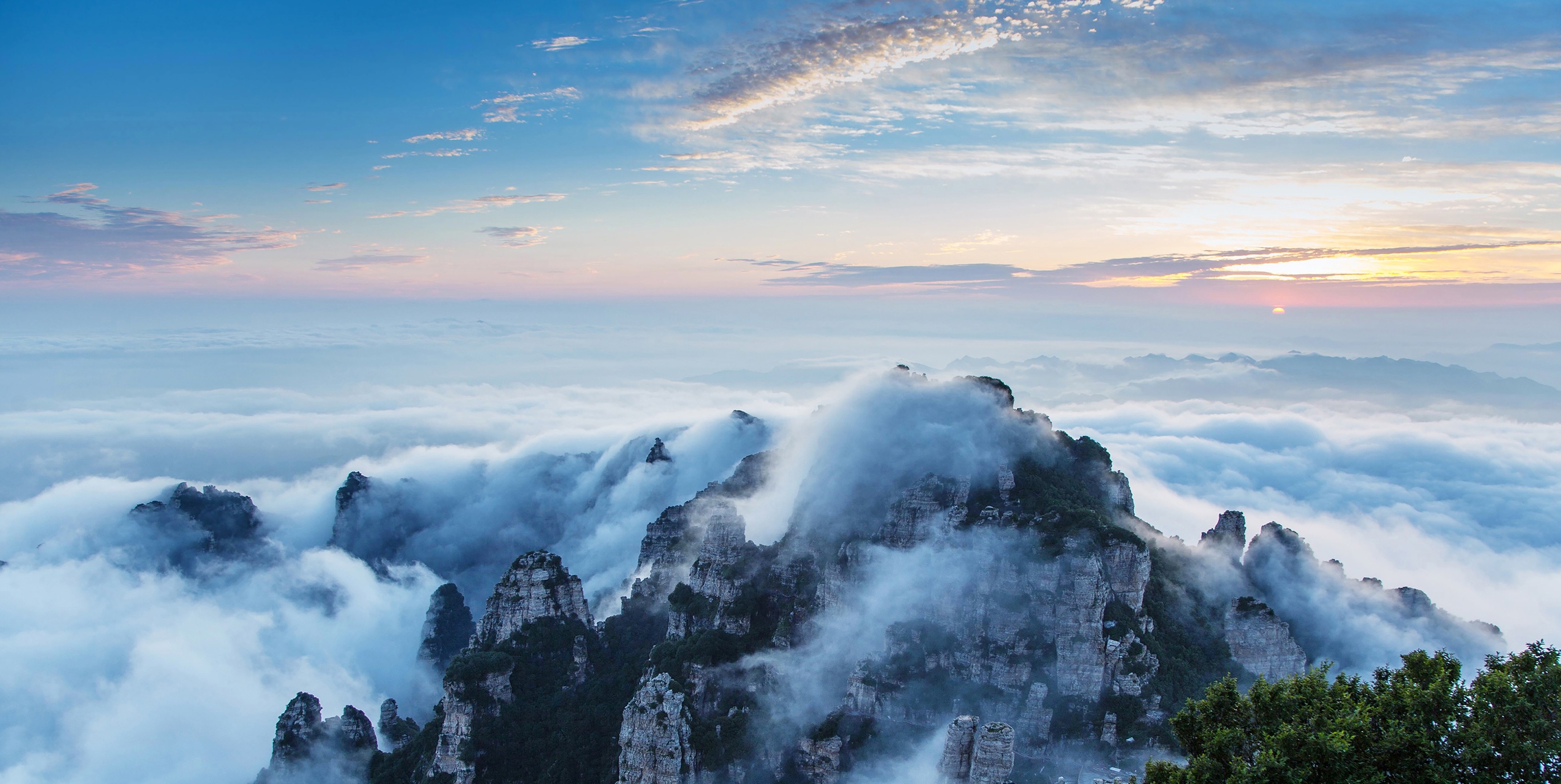 General 3266x1641 photography landscape nature mountains mist clouds sky trees China Asia