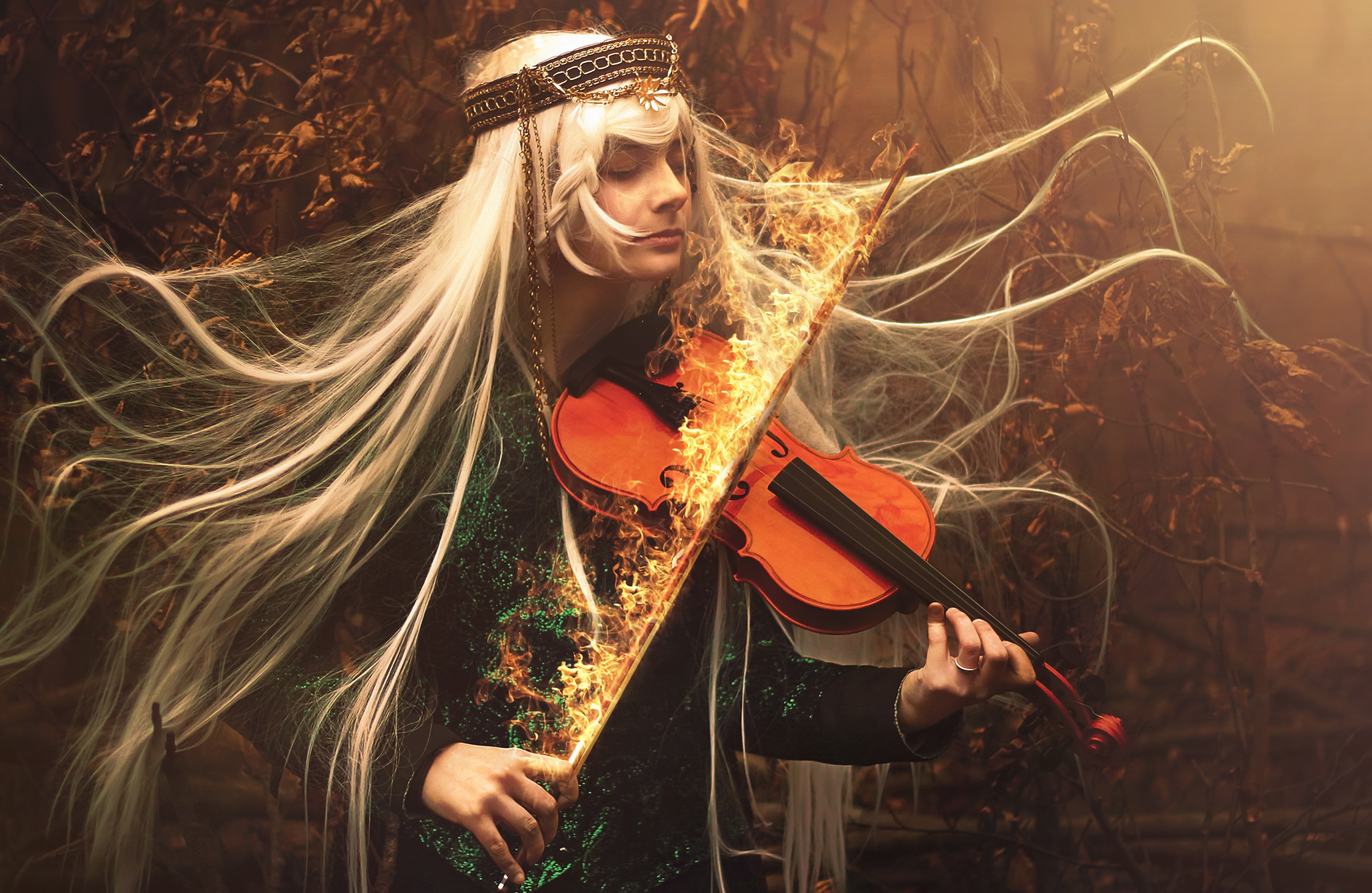 People 4561x2968 fantasy art music violin fire blonde musical instrument women long hair