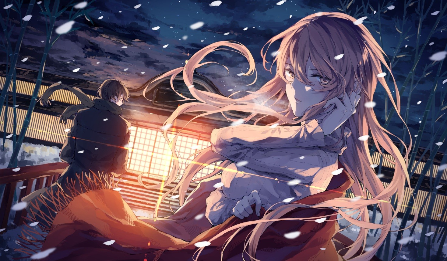 Anime 1468x860 anime anime girls original characters snow anime boys night Pixiv long hair women outdoors looking at viewer