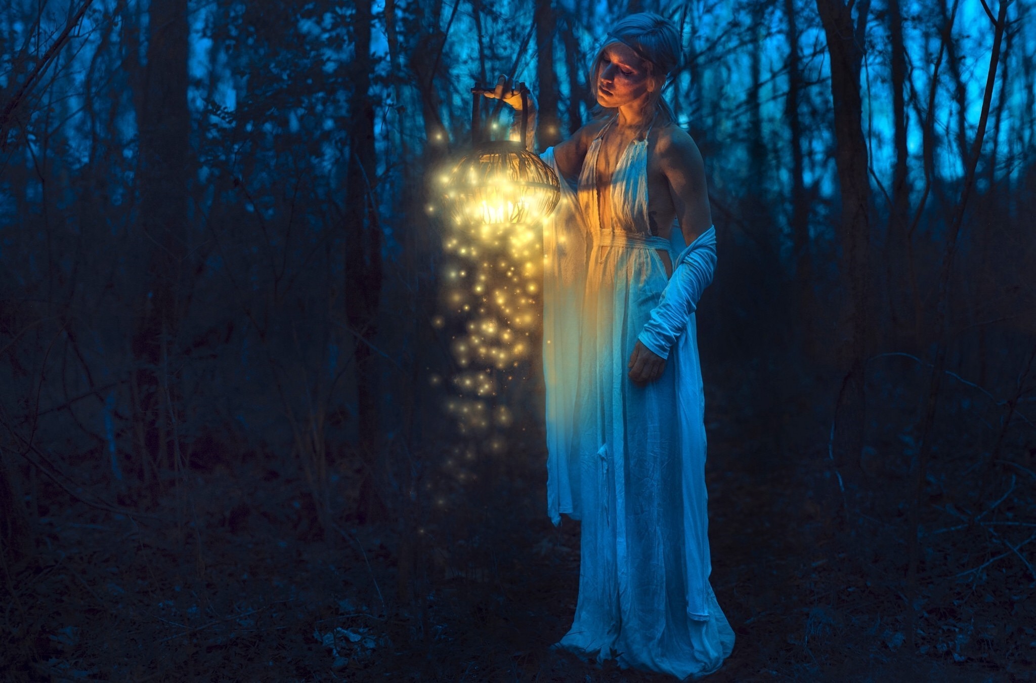 People 2048x1350 lantern fantasy art women outdoors women night trees dress white dress dark digital art