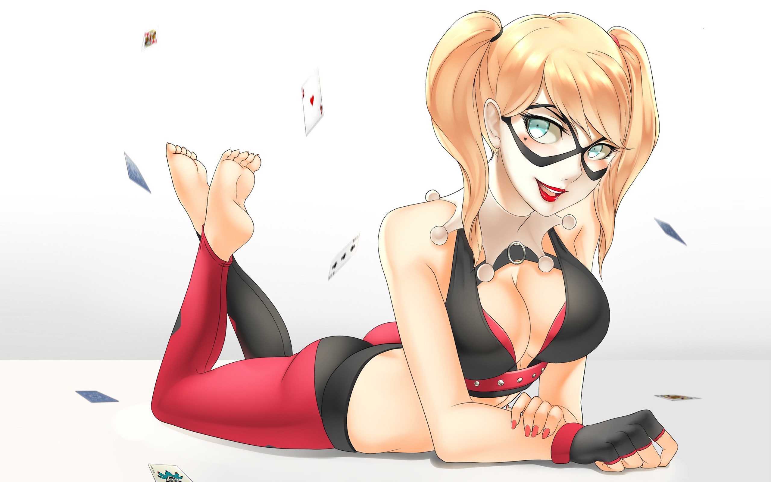 General 2560x1600 Harley Quinn comics DC Comics illustration simple background lying on front villains Batman fan art barefoot red lipstick boobs white background playing cards blonde red nails fingerless gloves painted nails legs up aqua eyes looking at viewer women ass