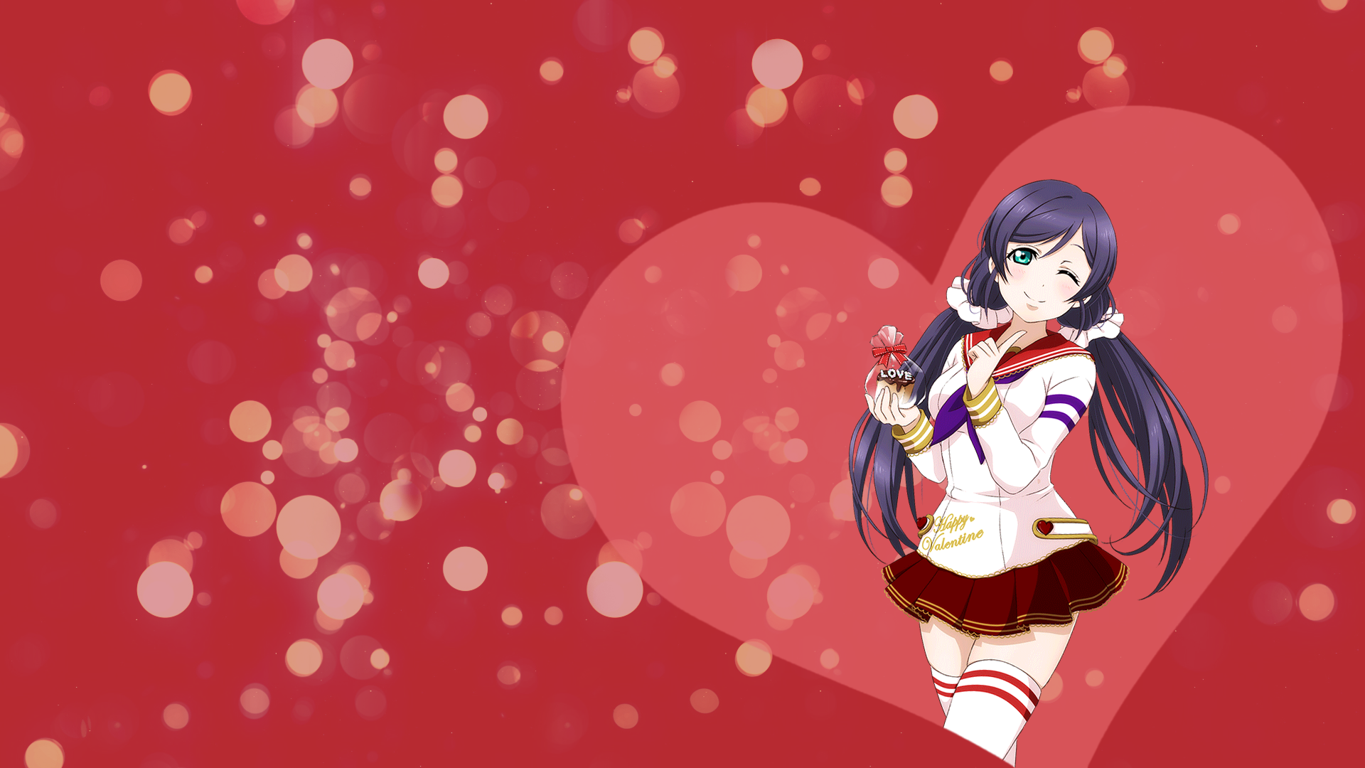 Anime 1920x1080 anime anime girls Love Live! Toujou Nozomi thigh-highs red background heart (design) long hair skirt one eye closed