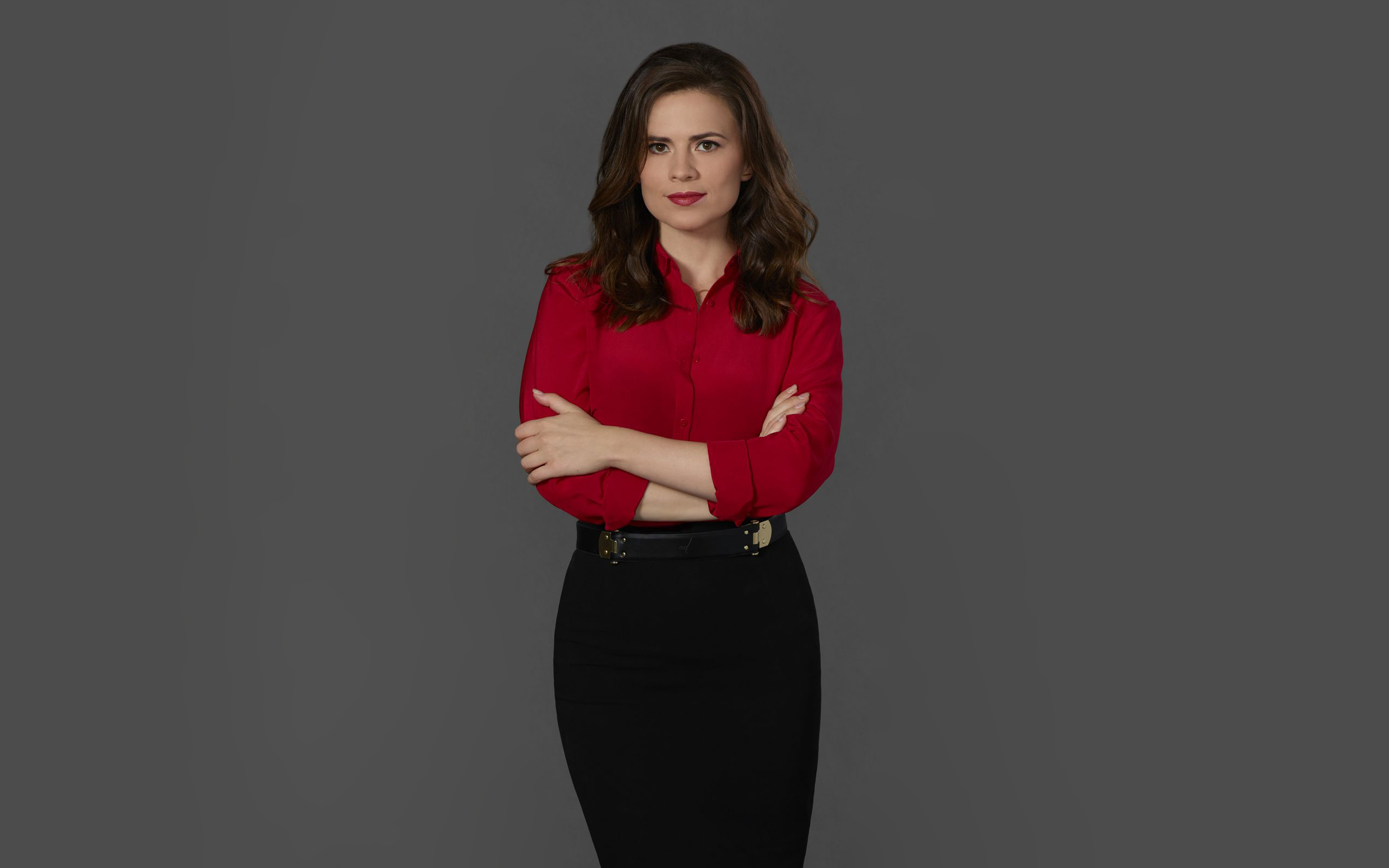 People 2560x1600 Hayley Atwell brunette skirt gray background arms crossed red shirt women black skirts women indoors indoors standing red lipstick looking at viewer simple background shirt actress red blouse
