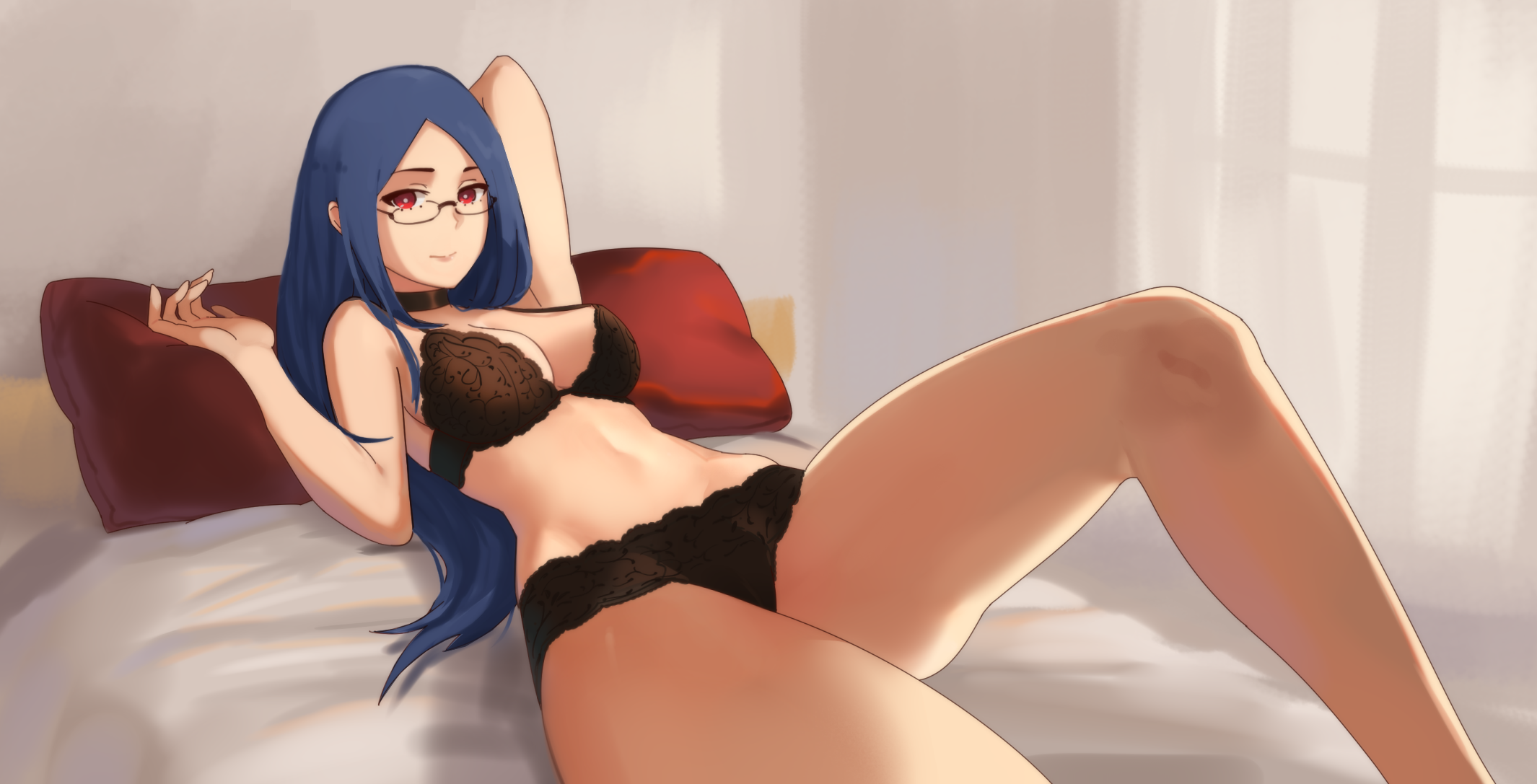 Anime 2130x1087 Little Witch Academia anime girls panties cleavage blue hair red eyes glasses Ursula Callistis