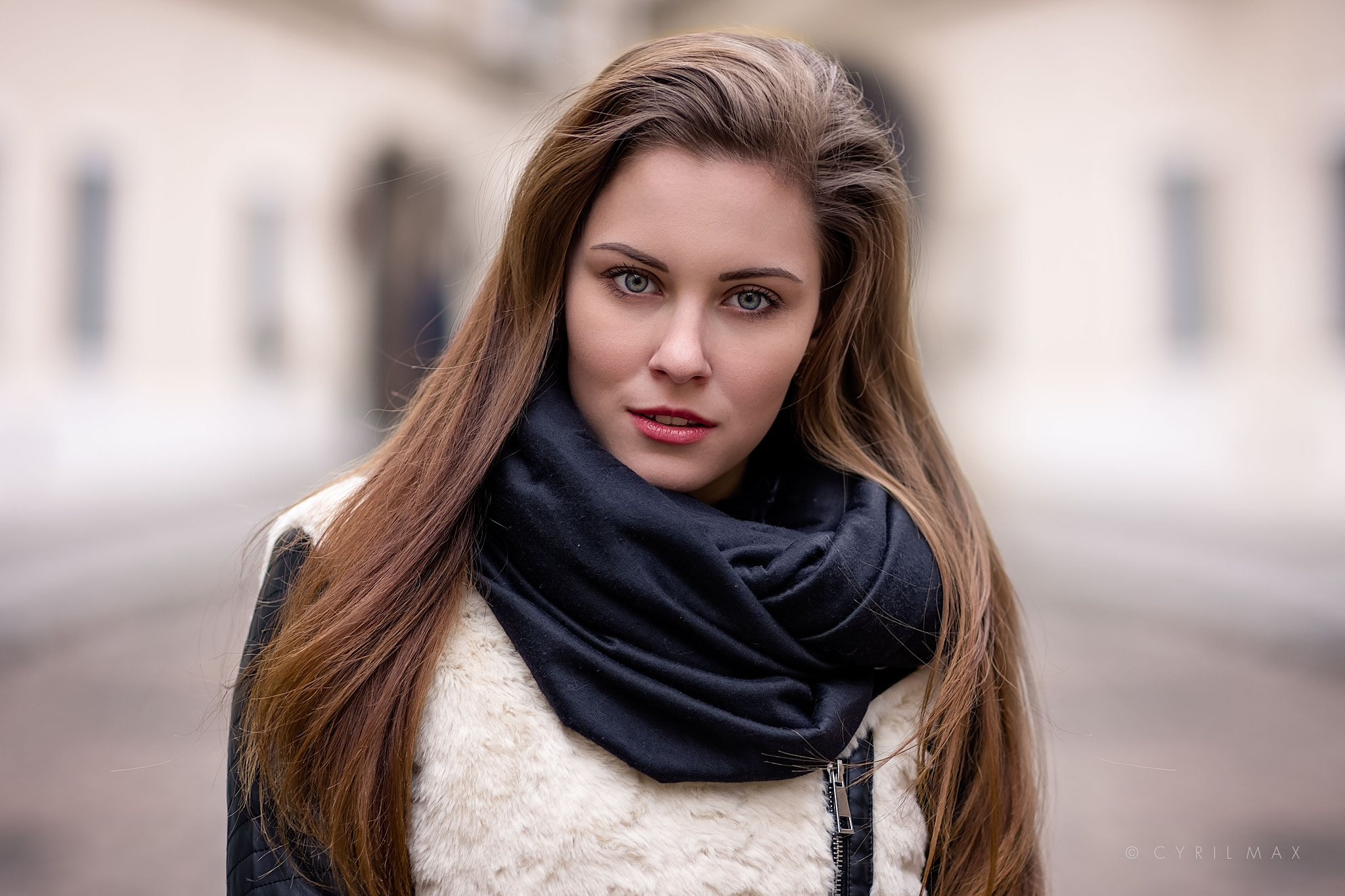 People 2048x1365 women brunette blue eyes open mouth looking at viewer scarf Cyril Max bokeh jacket women outdoors long hair straight hair black scarf