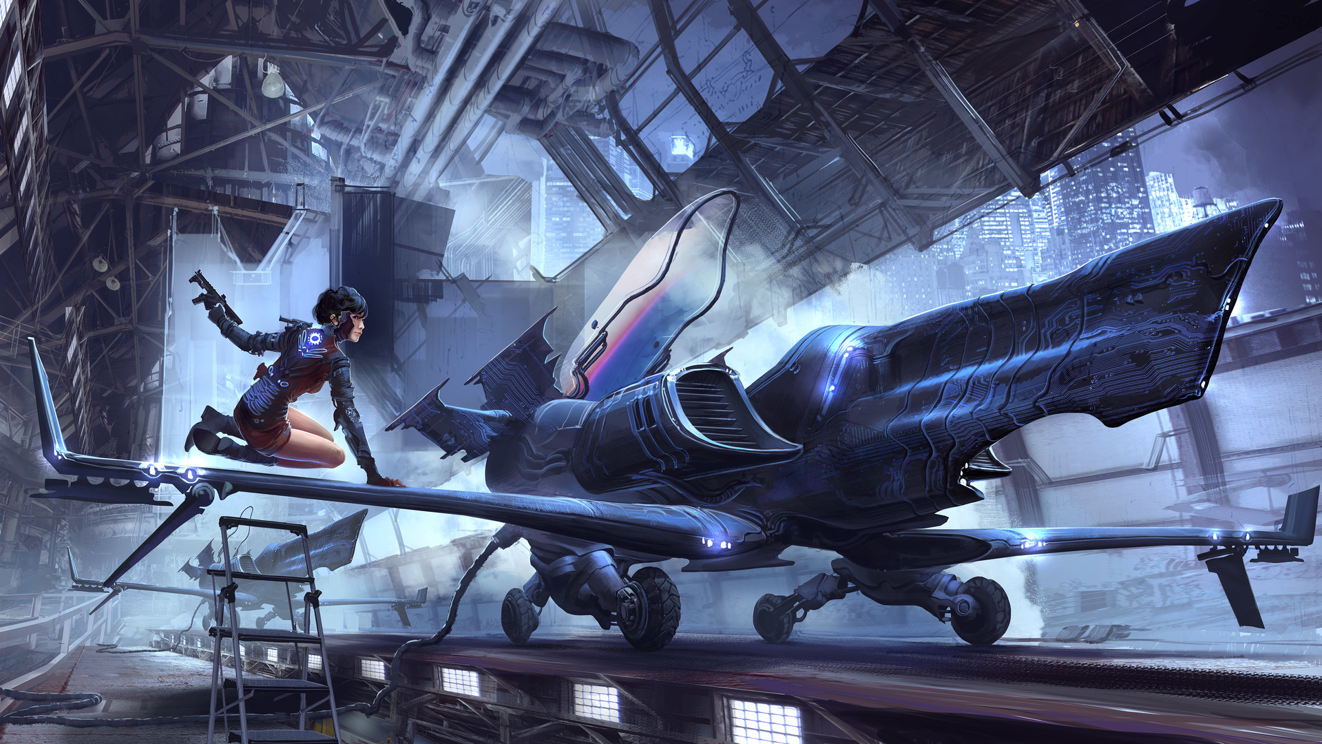 General 1920x1080 digital art artwork women science fiction futuristic brunette thighs gun aircraft