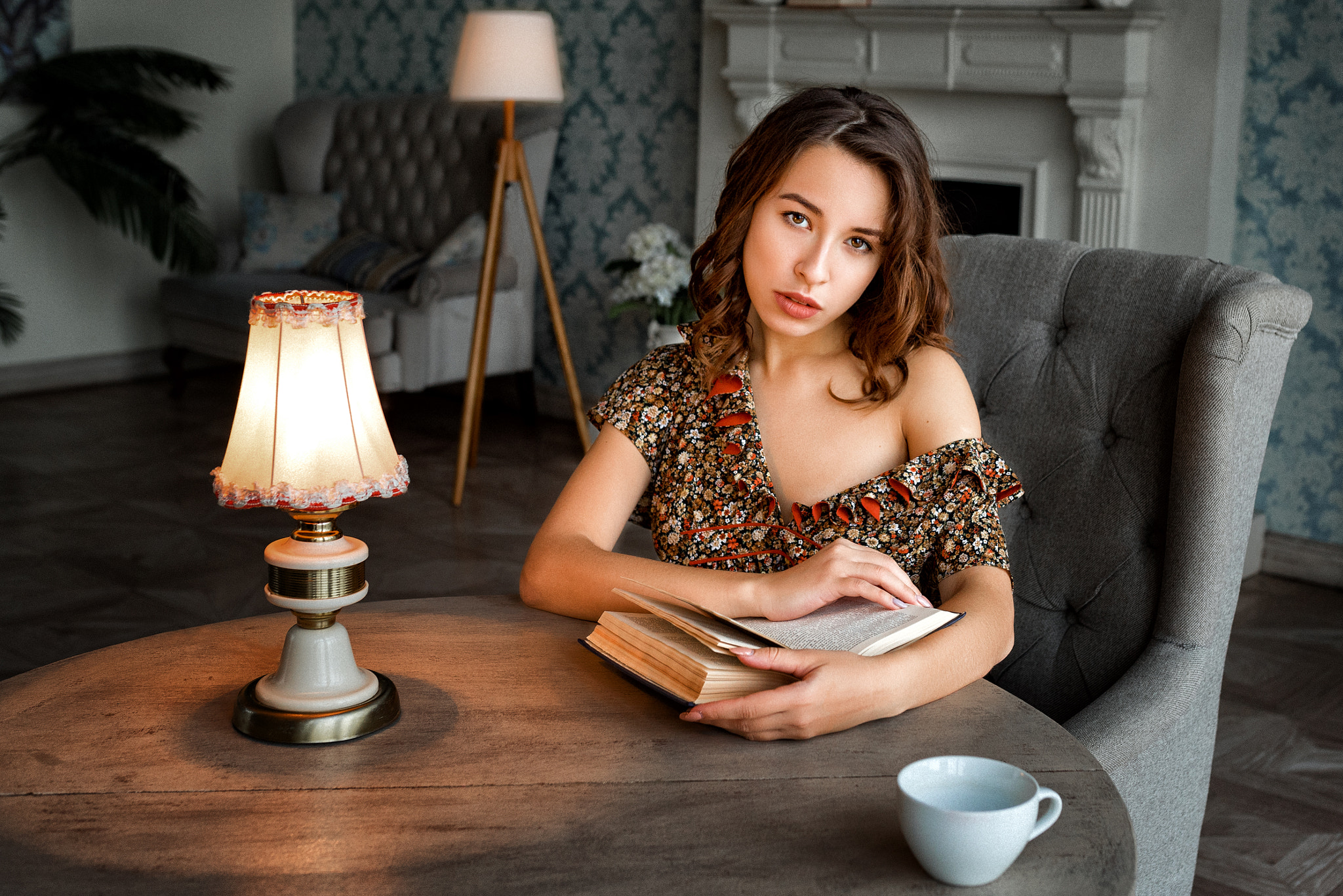 People 2048x1367 women sitting lamp table cup portrait books women indoors no bra bare shoulders flower dress looking at viewer