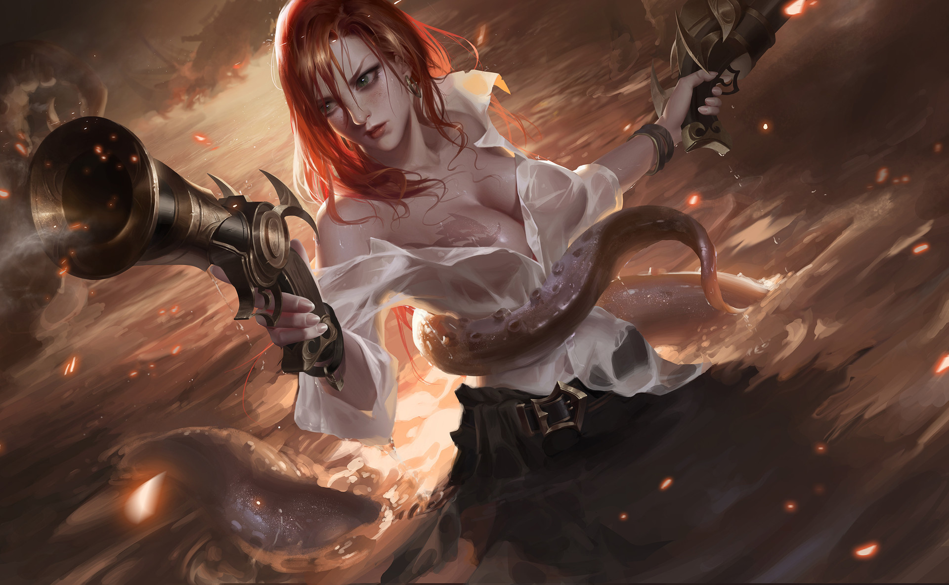 General 1920x1184 water sea gun pirates redhead Miss Fortune (League of Legends) League of Legends octopus tentacles boobs wet blouse dual wield