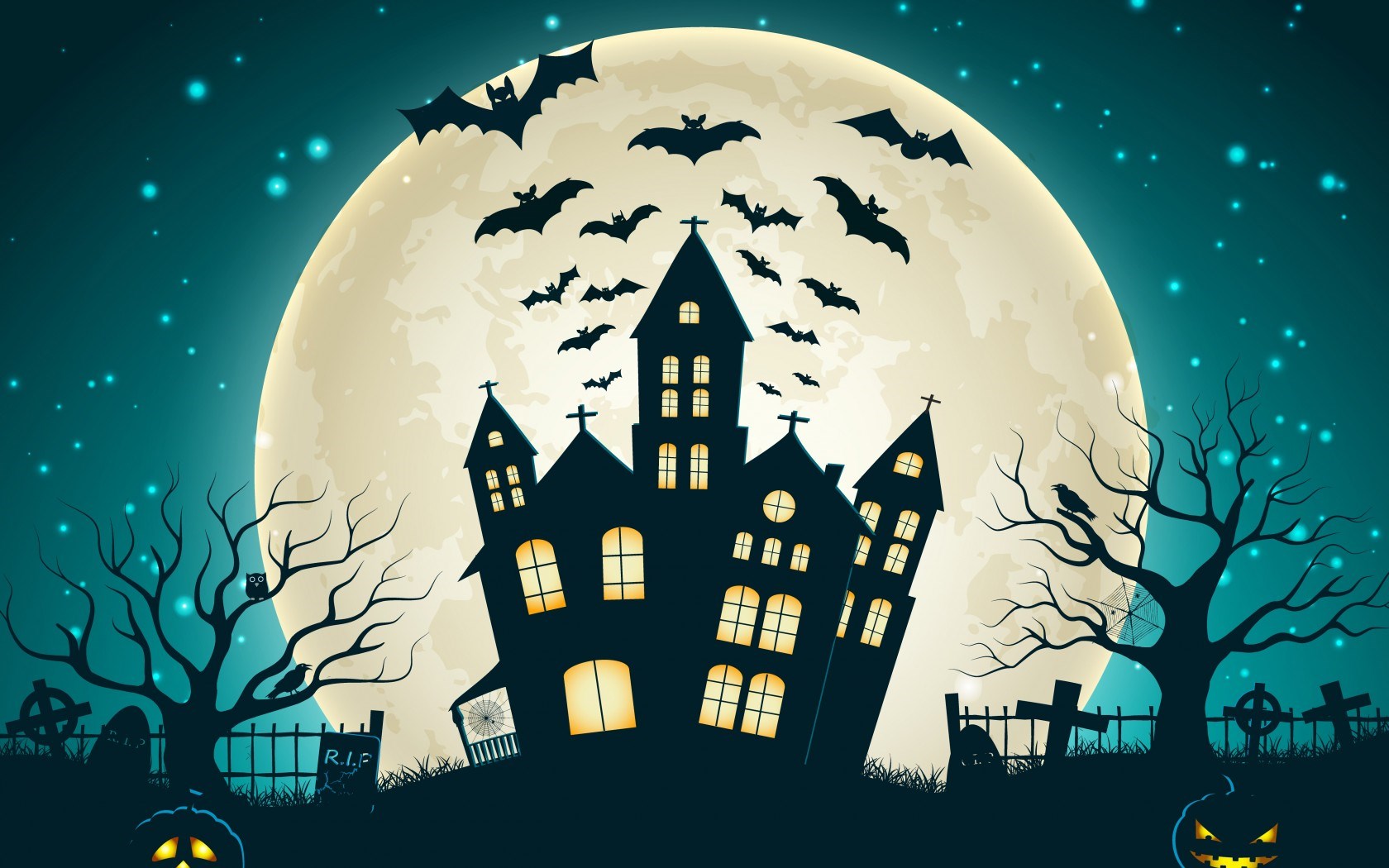 General 1680x1050 Halloween Moon cemetery spooky night pumpkin bats