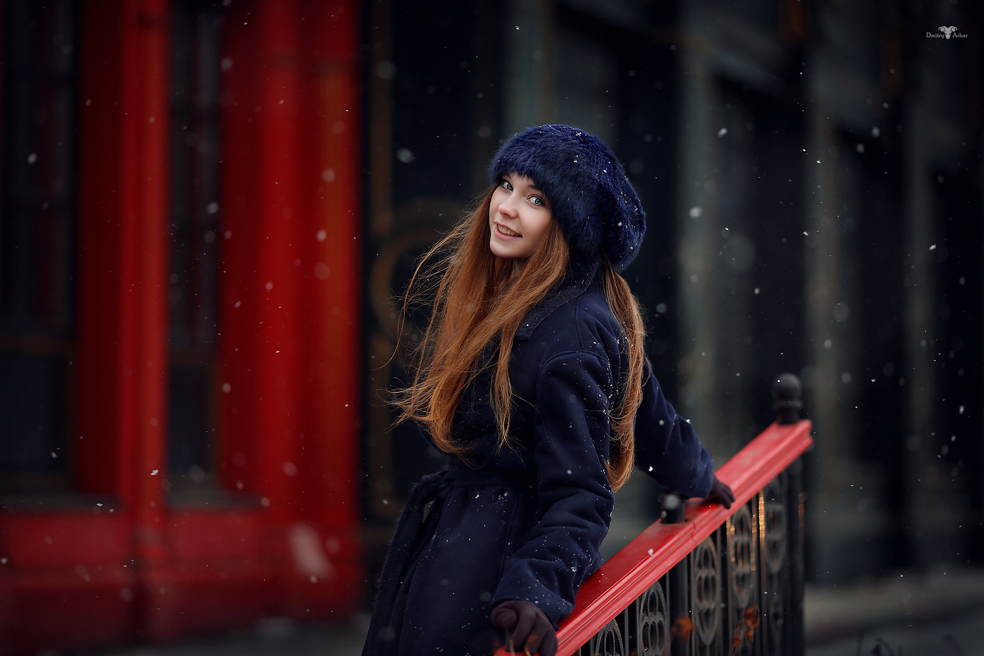 People 1920x1280 Dmitry Arhar women model Russian women Russian model looking at viewer side view depth of field hat redhead smiling coats Russia back snow fur cap blue coat gloves overcoats Christina Vostruhina fashion glamour glamour girls blue cap classy young women watermarked outdoors