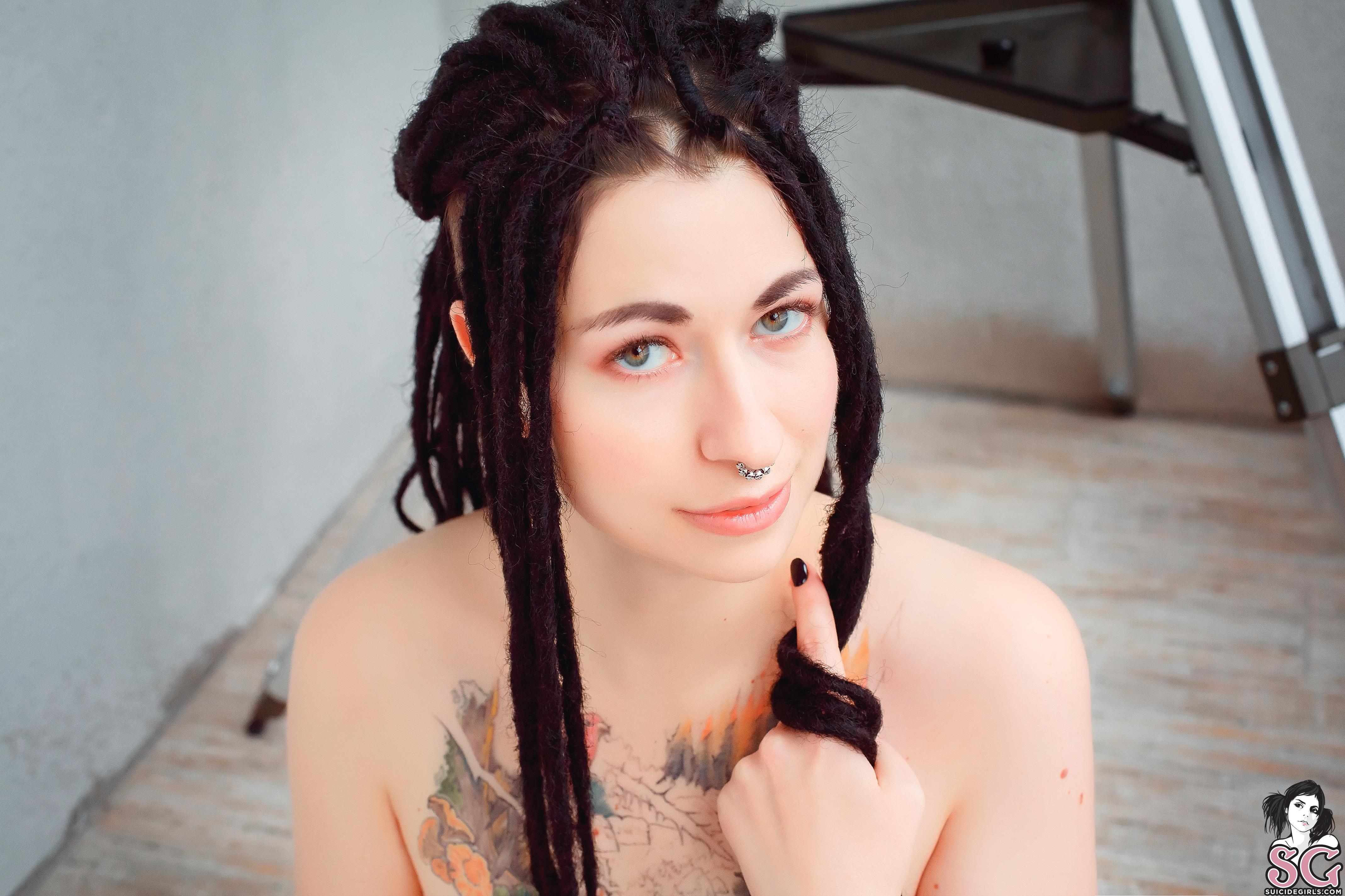 People 4275x2850 Daniellenoire Suicide Suicide Girls tattoo dreadlocks pale dark hair topless model women closeup watermarked
