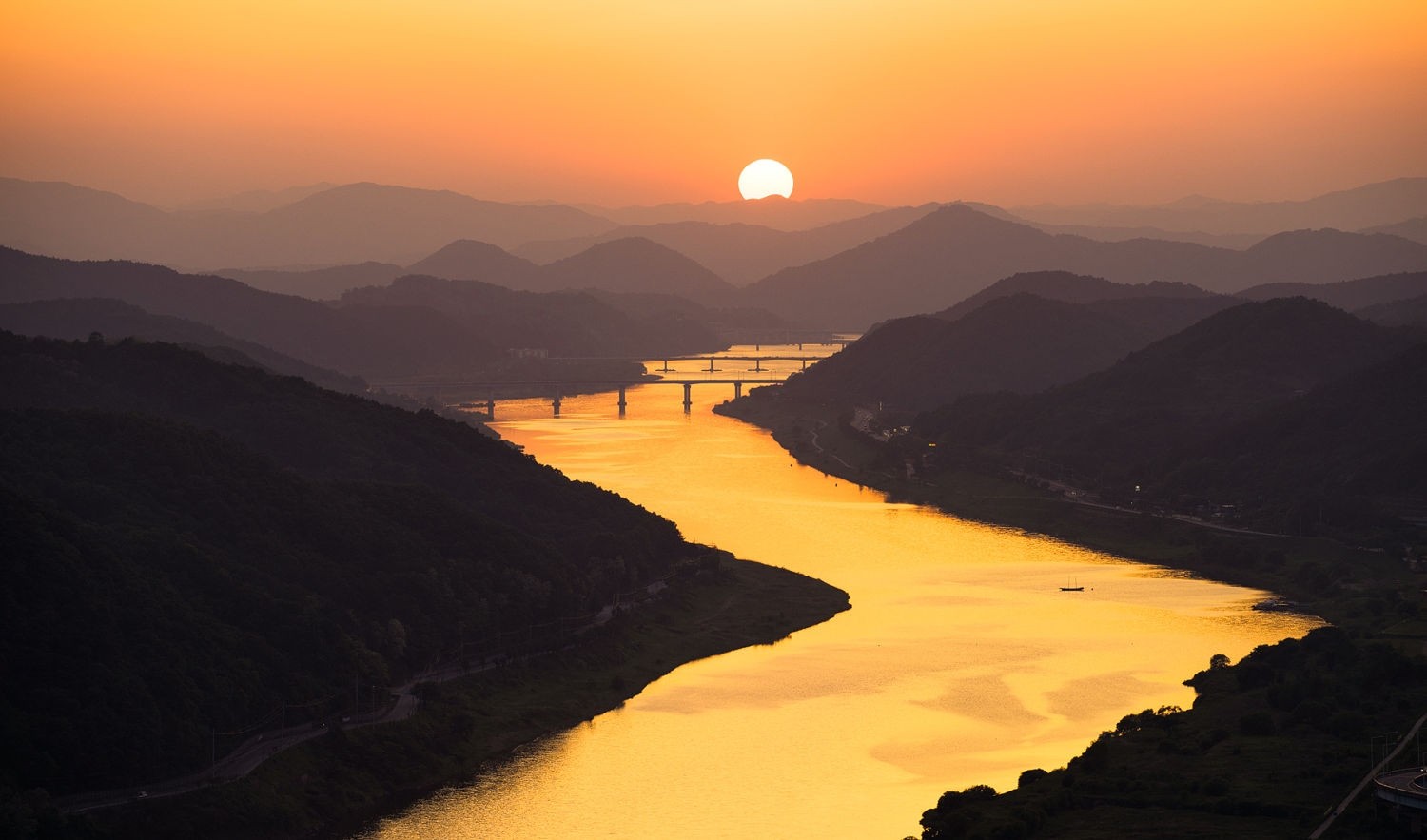 General 1500x883 nature photography landscape sunset mountains river bridge gold mist sky South Korea yellow