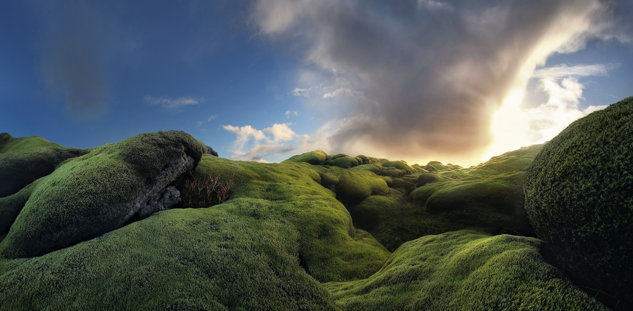 General 2048x1008 photography landscape nature rocks moss clouds sunset sunlight Iceland