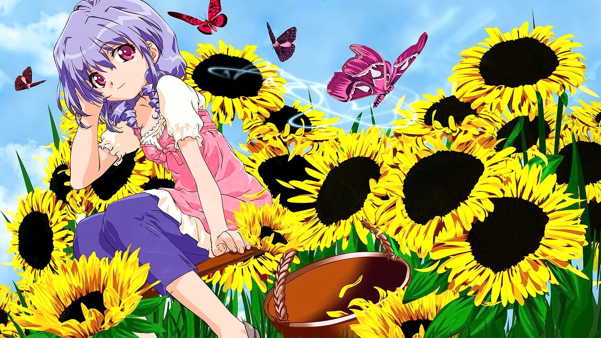 Anime 1920x1080 anime anime girls short hair long hair looking at viewer sunflowers flowers butterfly plants sitting women outdoors