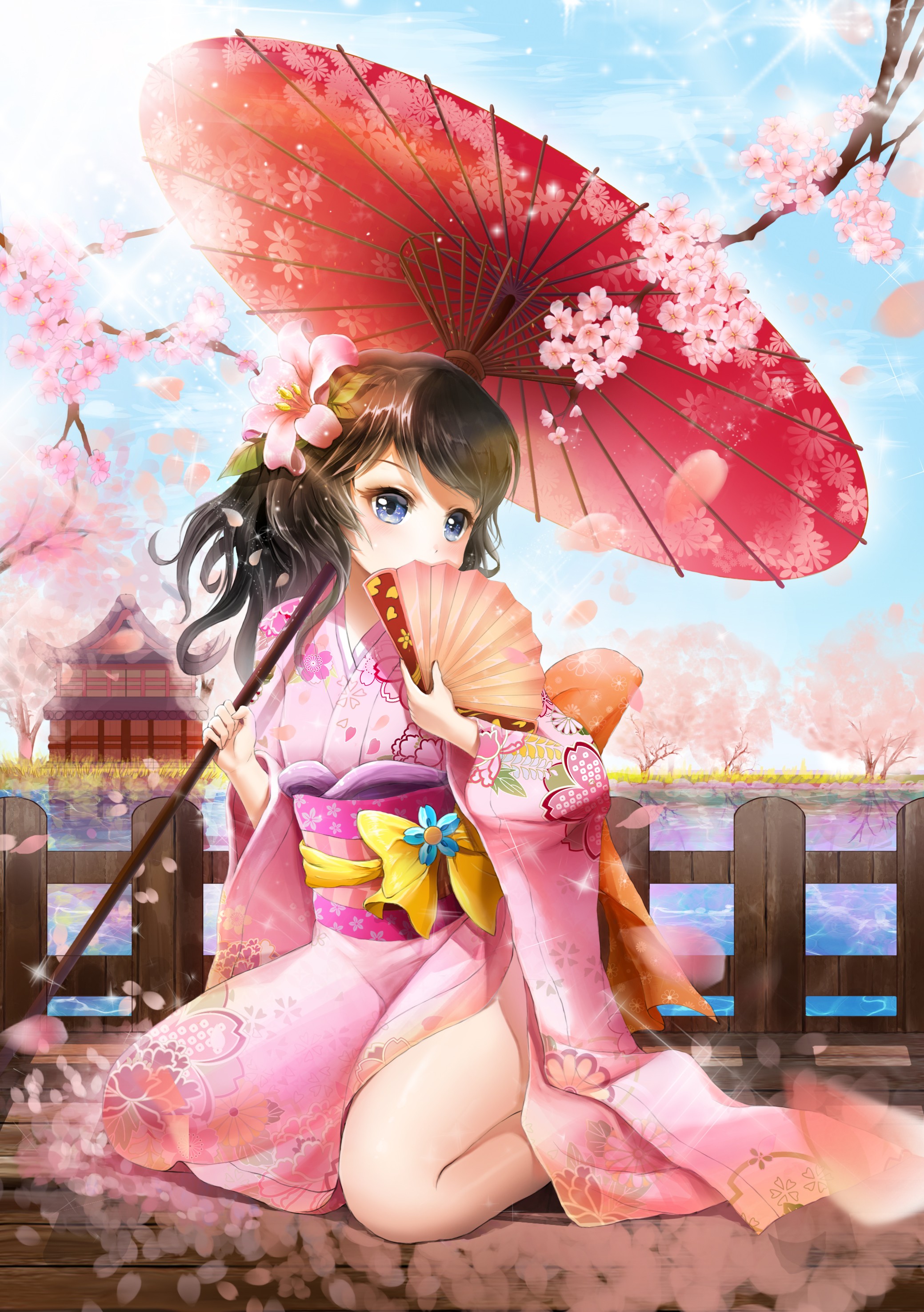 Anime 2079x2953 anime anime girls kimono Japanese clothes umbrella original characters fans women outdoors Pixiv women with umbrella traditional clothing kneeling