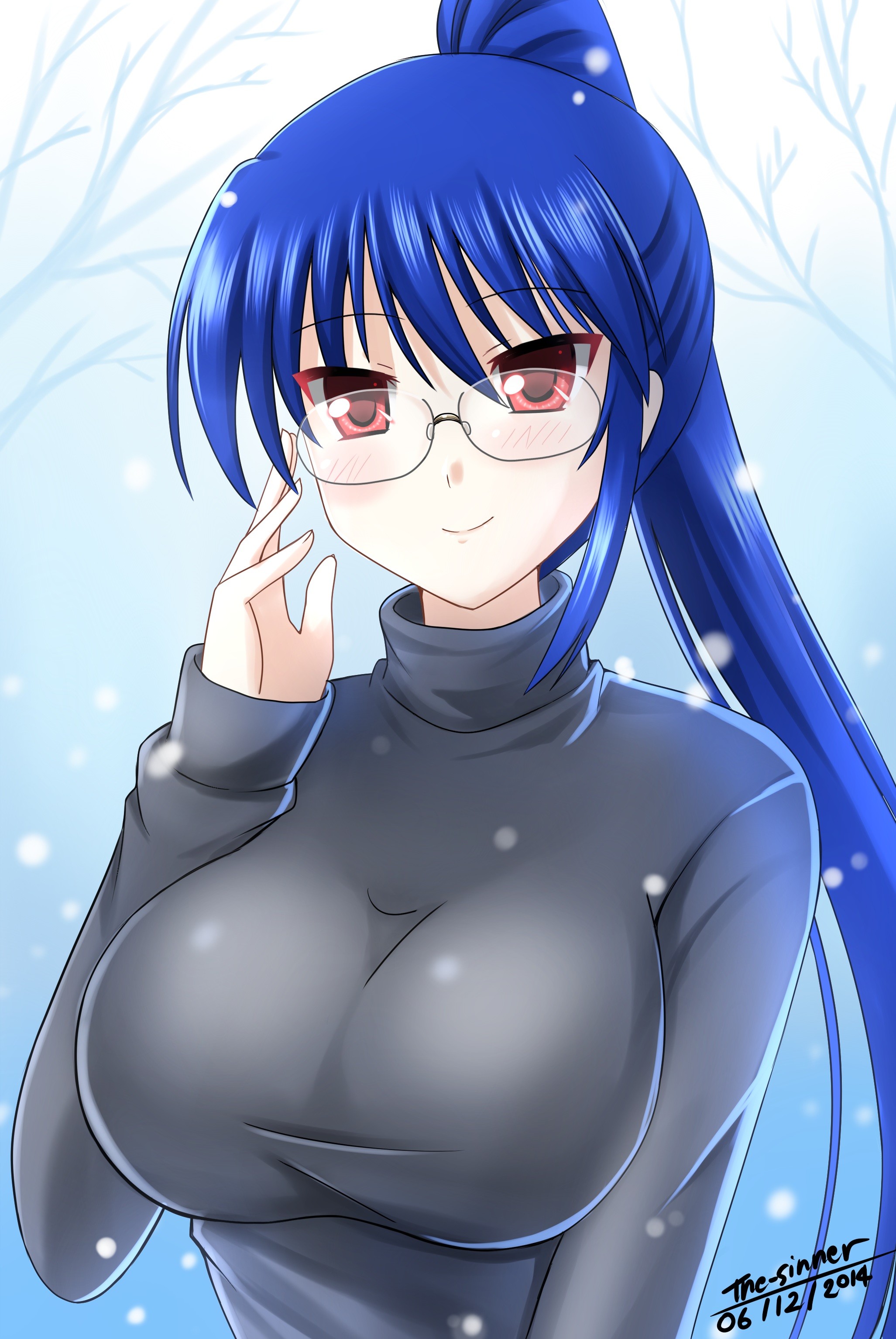 Anime 2053x3067 anime anime girls sweater original characters glasses ponytail boobs big boobs curvy smiling long hair blue hair red eyes looking at viewer watermarked 2014 (Year)
