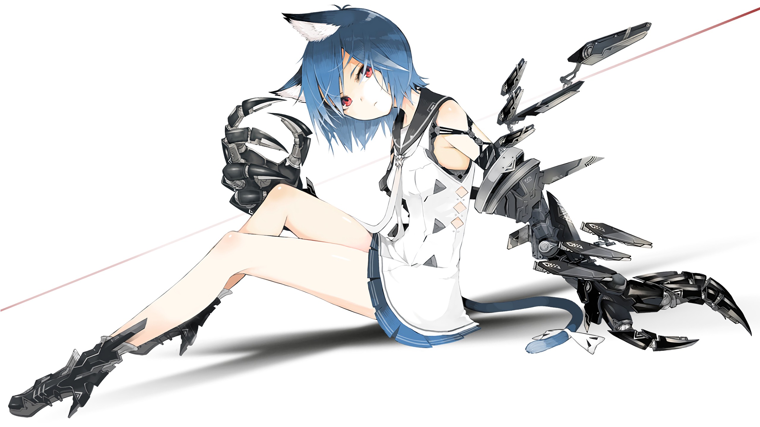 Anime 2560x1440 blue hair red eyes legs anime girls cat girl futuristic white background simple background animal ears anime thighs looking at viewer tail