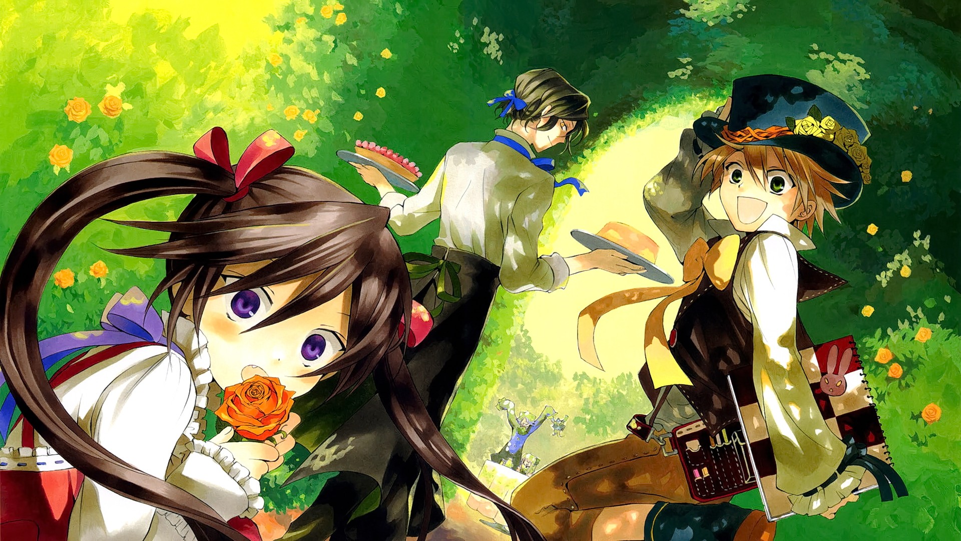 Anime 1920x1080 anime anime girls brunette green eyes open mouth smiling looking at viewer Pandora Hearts purple eyes food sweets cake flowers hat long hair anime boys