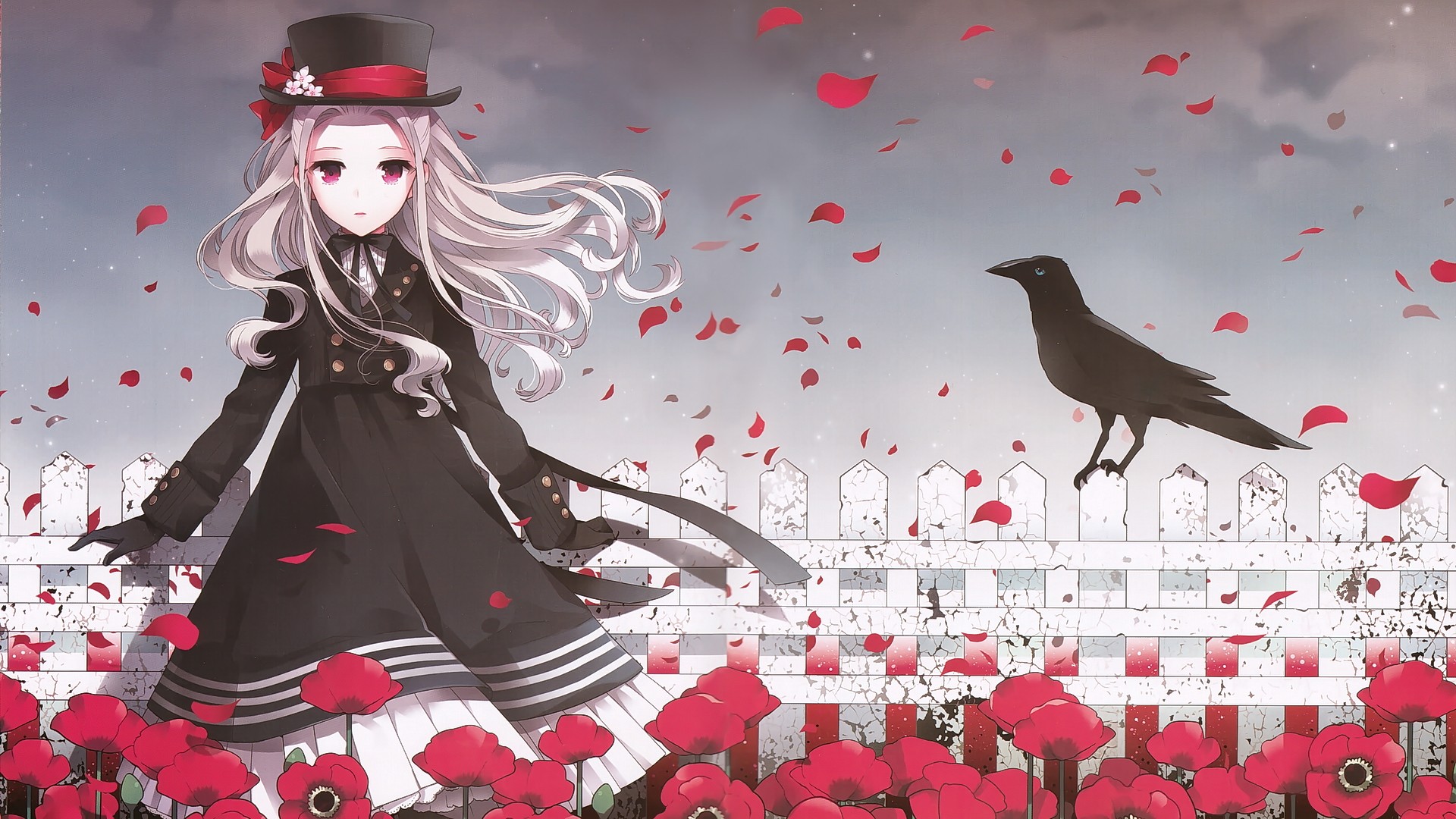 Anime 1920x1080 anime anime girls blonde long hair hat flowers birds gloves original characters looking at viewer dress artwork Nardack animals women with hats plants