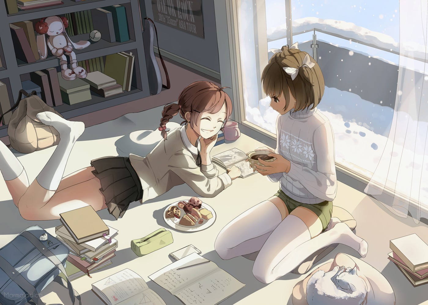 Anime 1400x998 anime girls food snow school uniform lying on front two women women indoors indoors stockings skirt anime