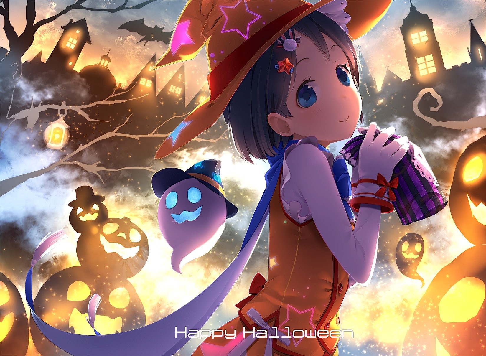 Anime 1649x1208 Halloween witch hat Sasaki Chie THE iDOLM@STER THE iDOLM@STER: Cinderella Girls witch ghost Jack O' Lantern