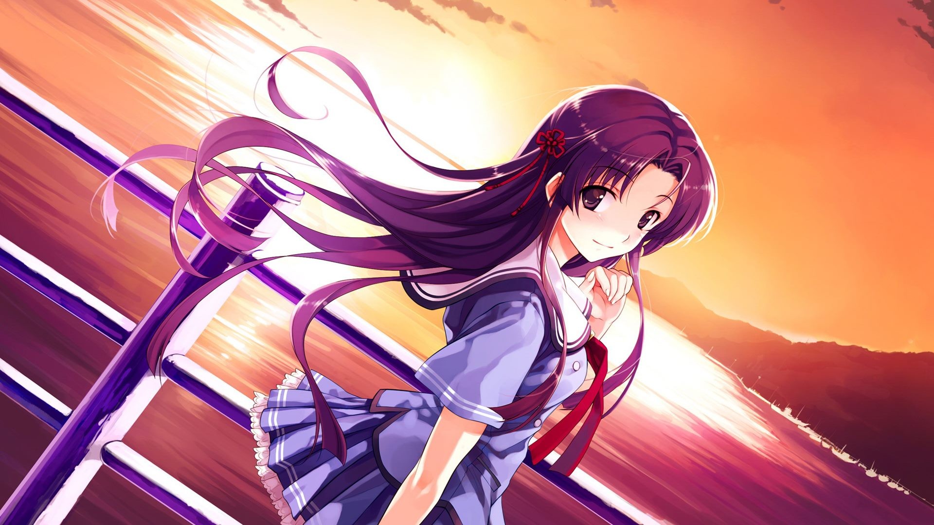 Anime 1920x1080 anime anime girls purple hair long hair purple eyes smiling school uniform sunset hair ornament