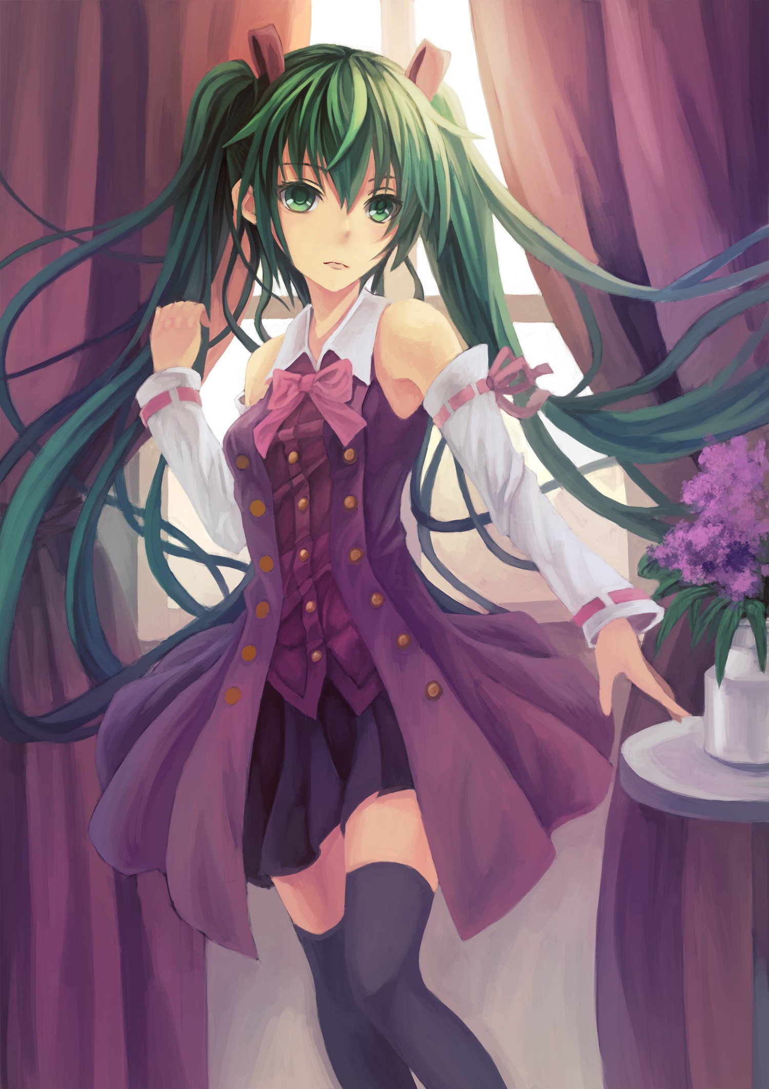 Anime 1500x2122 anime anime girls Vocaloid Hatsune Miku skirt stockings long hair green hair green eyes twintails
