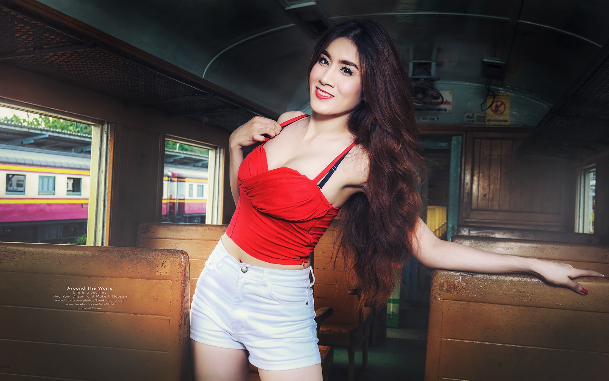 People 2048x1280 train women Asian redhead camisole jean shorts vehicle red tops red nails red lipstick dyed hair makeup model standing