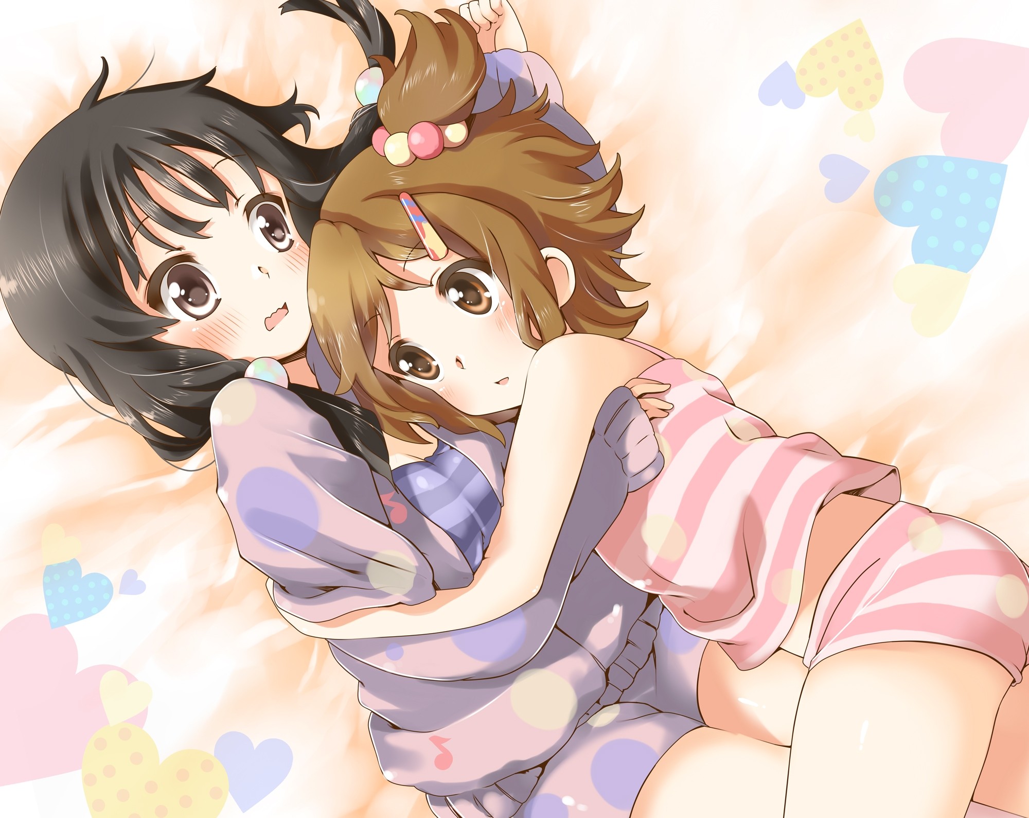 Anime 2000x1589 K-ON! anime girls anime two women hugging black hair brunette brown eyes pants heart (design)