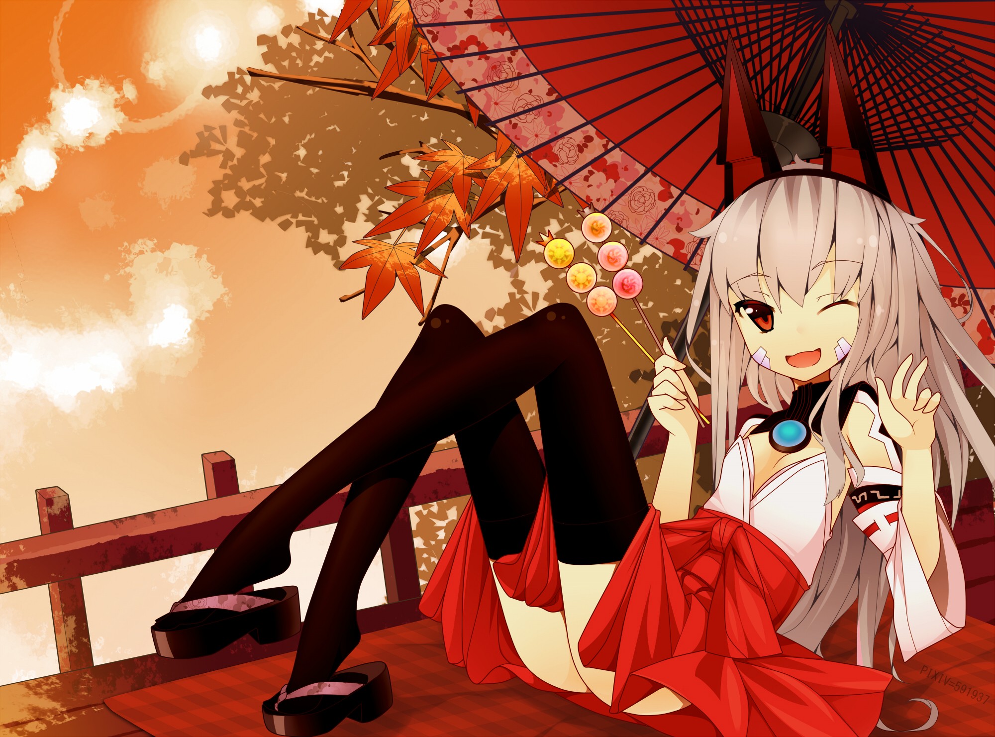 Anime 2000x1481 anime anime girls Aura Kingdom Japanese clothes legs long hair red eyes blonde stockings black stockings one eye closed Pixiv open mouth umbrella women outdoors women with umbrella looking at viewer thighs