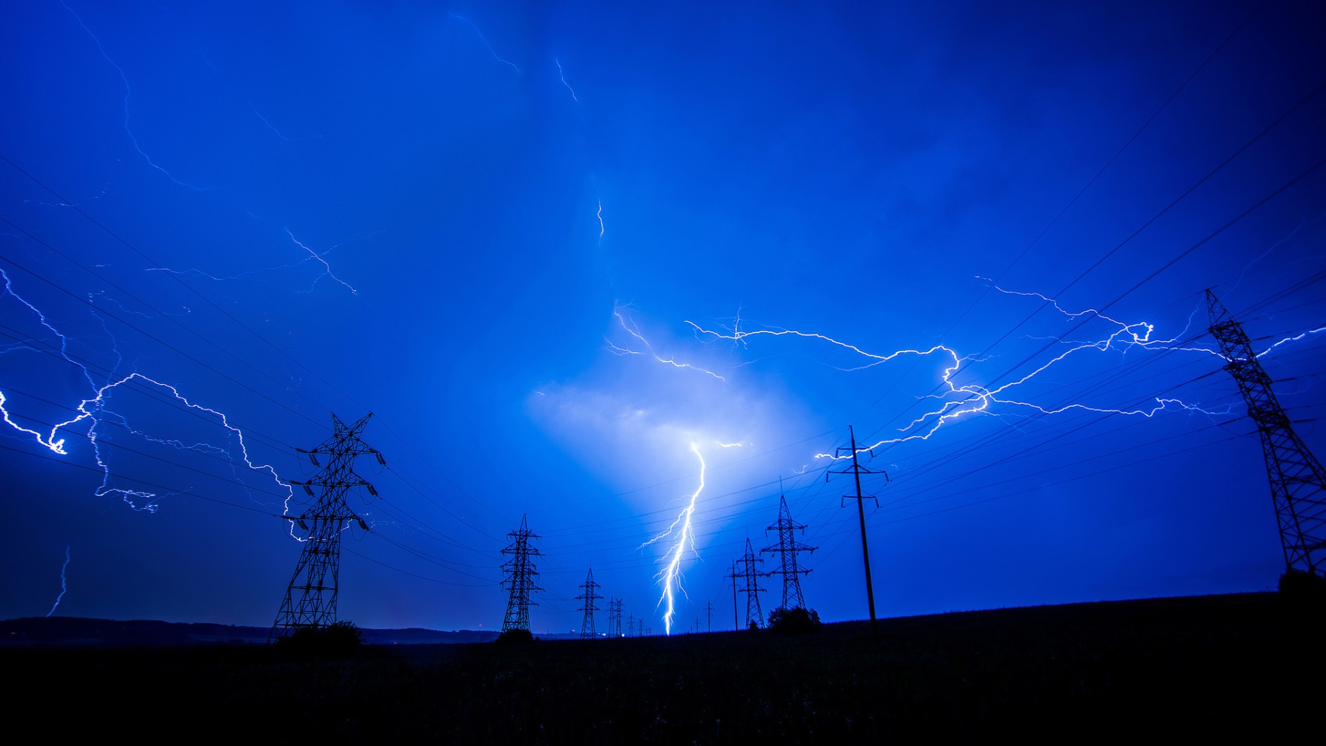 General 1920x1080 landscape lightning storm dark utility pole electricity long exposure power lines overcast blue field night pylon
