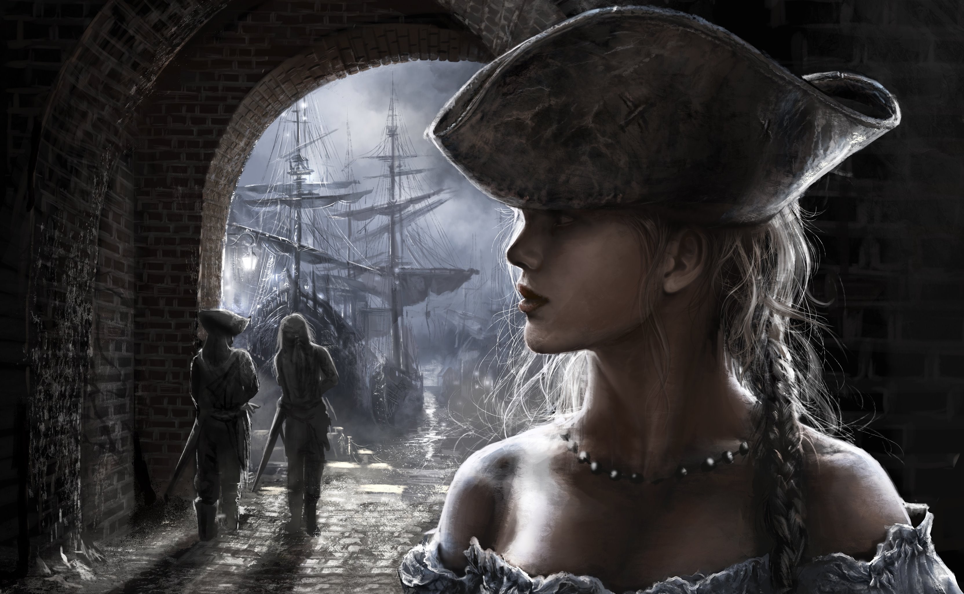 General 3329x2051 pirates fantasy art fantasy girl artwork women face profile pirate girl hat women with hats ship vehicle sailing ship rigging (ship) digital art
