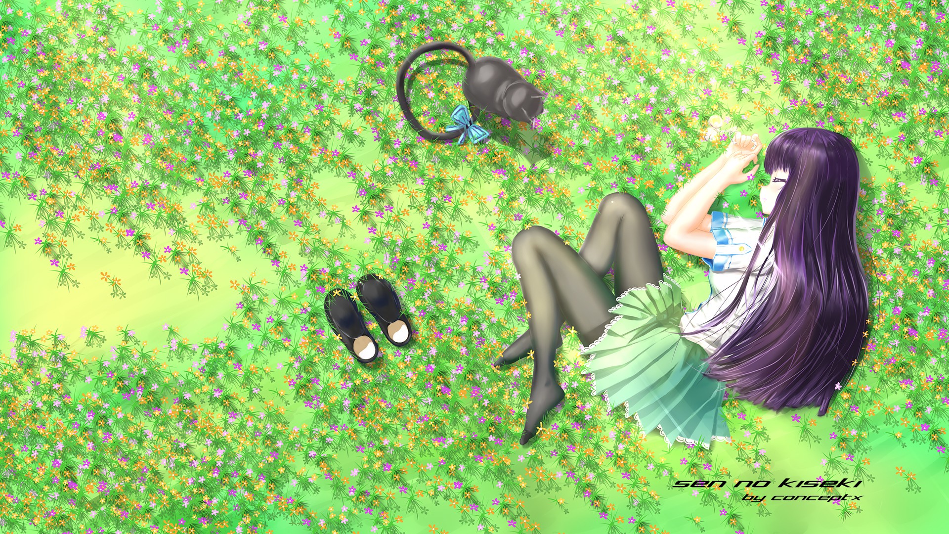 Anime 1920x1080 anime anime girls cats long hair skirt grass thighs legs lying down closed eyes green skirt flowers Pixiv