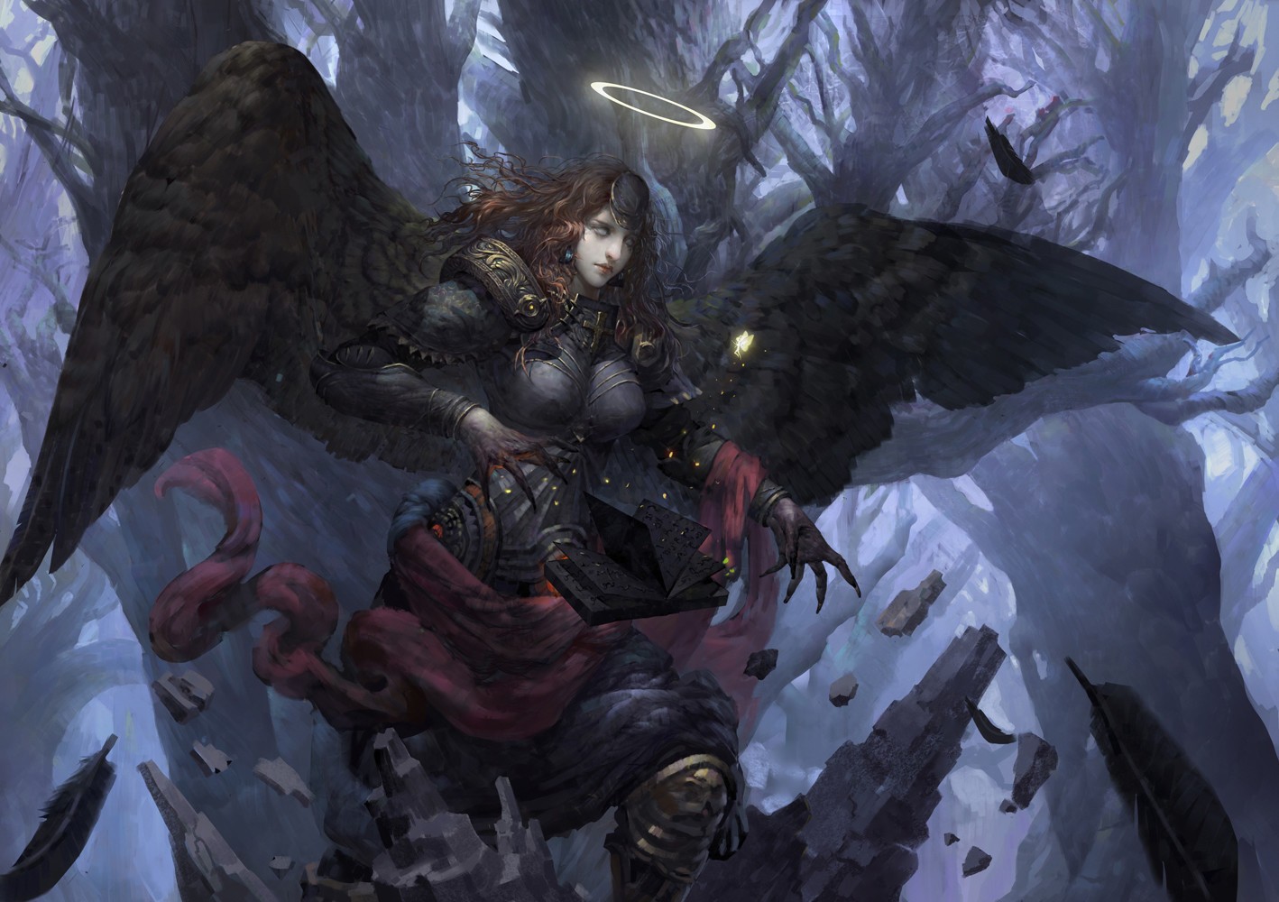 General 1418x1000 fantasy art angel fallen angel magic forest digital art artwork wings black wings women fantasy girl