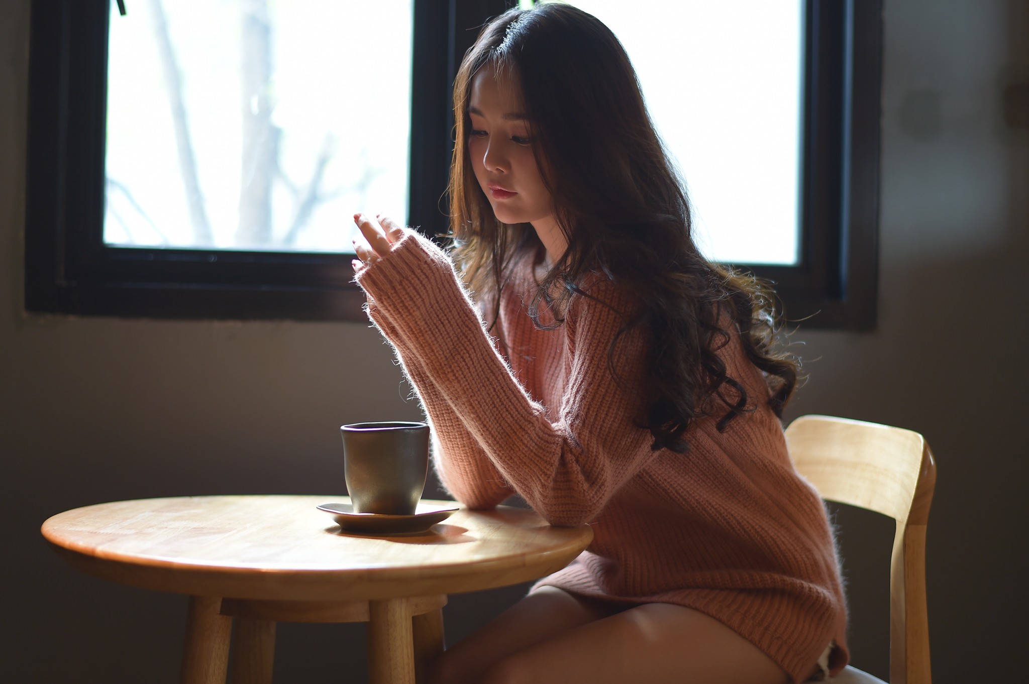 People 2048x1362 sweater women Asian sitting minidress curly hair cup long hair women indoors indoors model young women