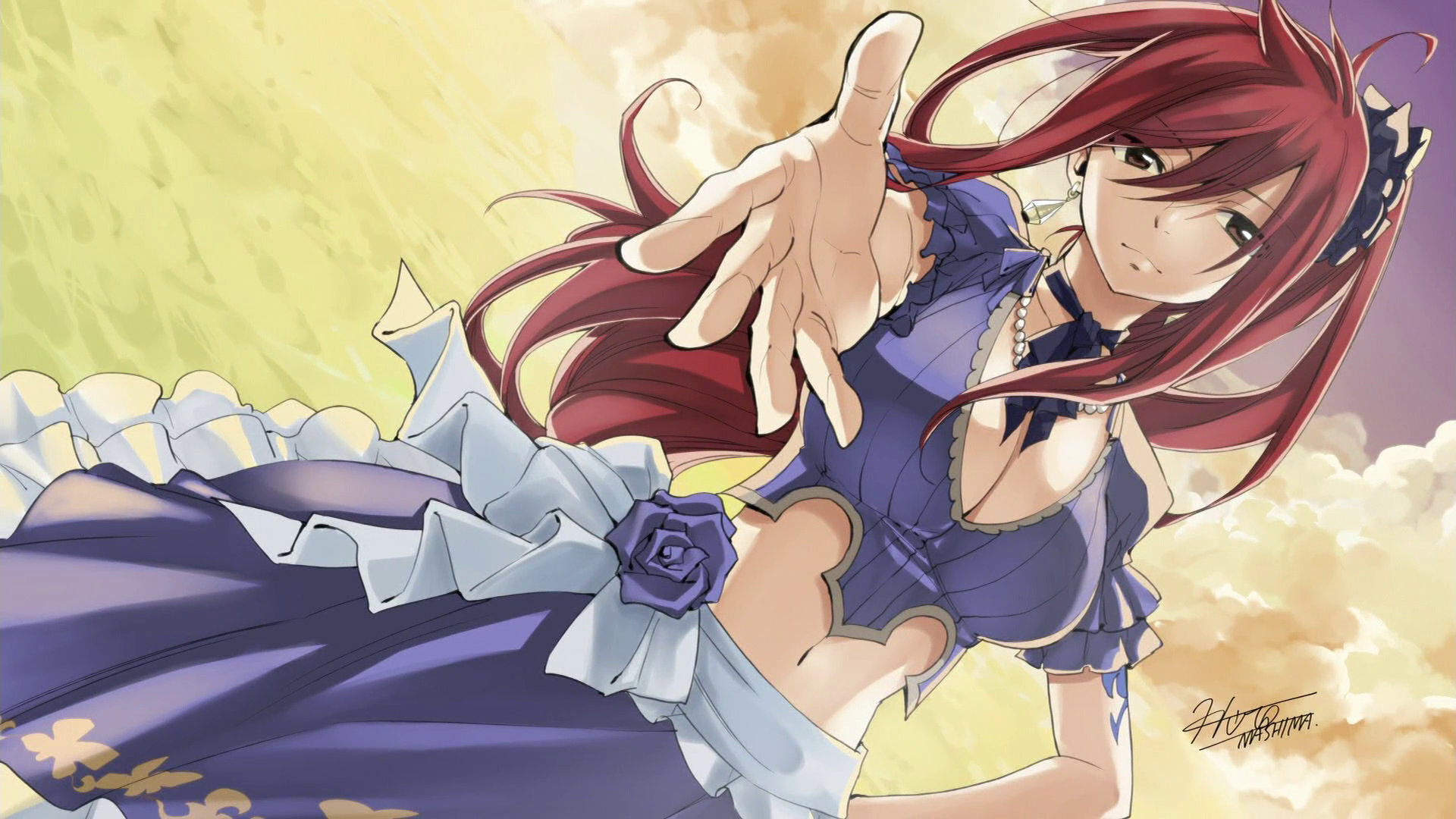 Anime 1920x1080 Fairy Tail anime Scarlet Erza anime girls boobs belly redhead hands hair in face watermarked sky long hair