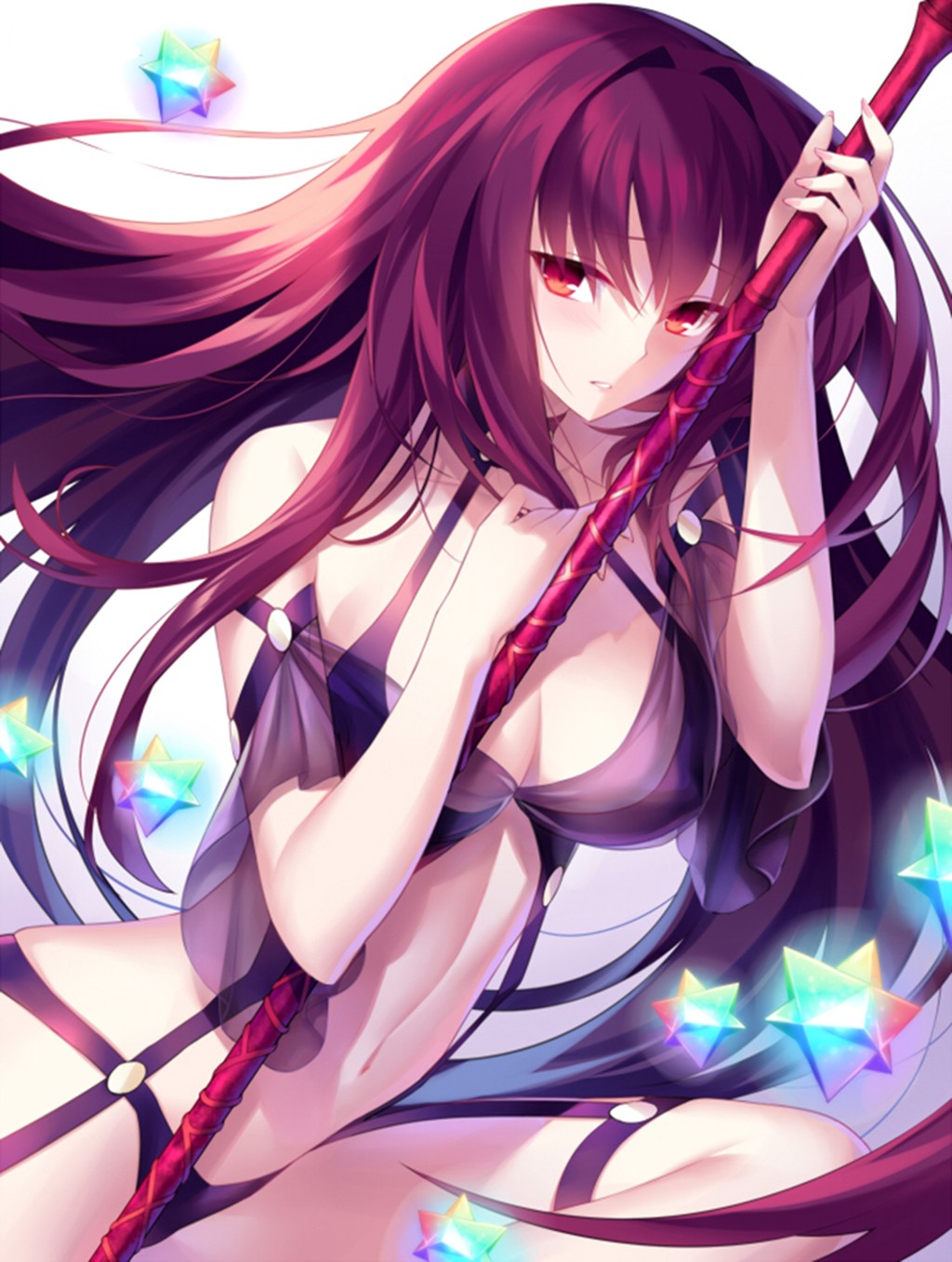 Anime 1024x1357 Fate/Grand Order Scathach anime girls anime boobs belly swimwear black swimsuit redhead long hair red eyes curvy