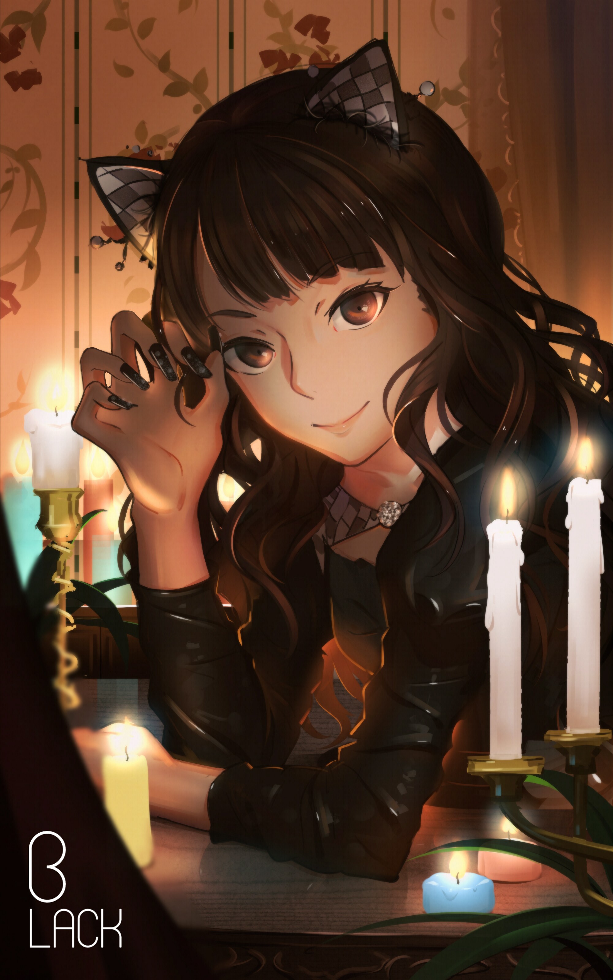 cat girl, long hair, dark hair, smiling, looking at viewer, women, face,  painted nails, anime, anime girls, animal ears, long nails, Pixiv, candles,  black nails