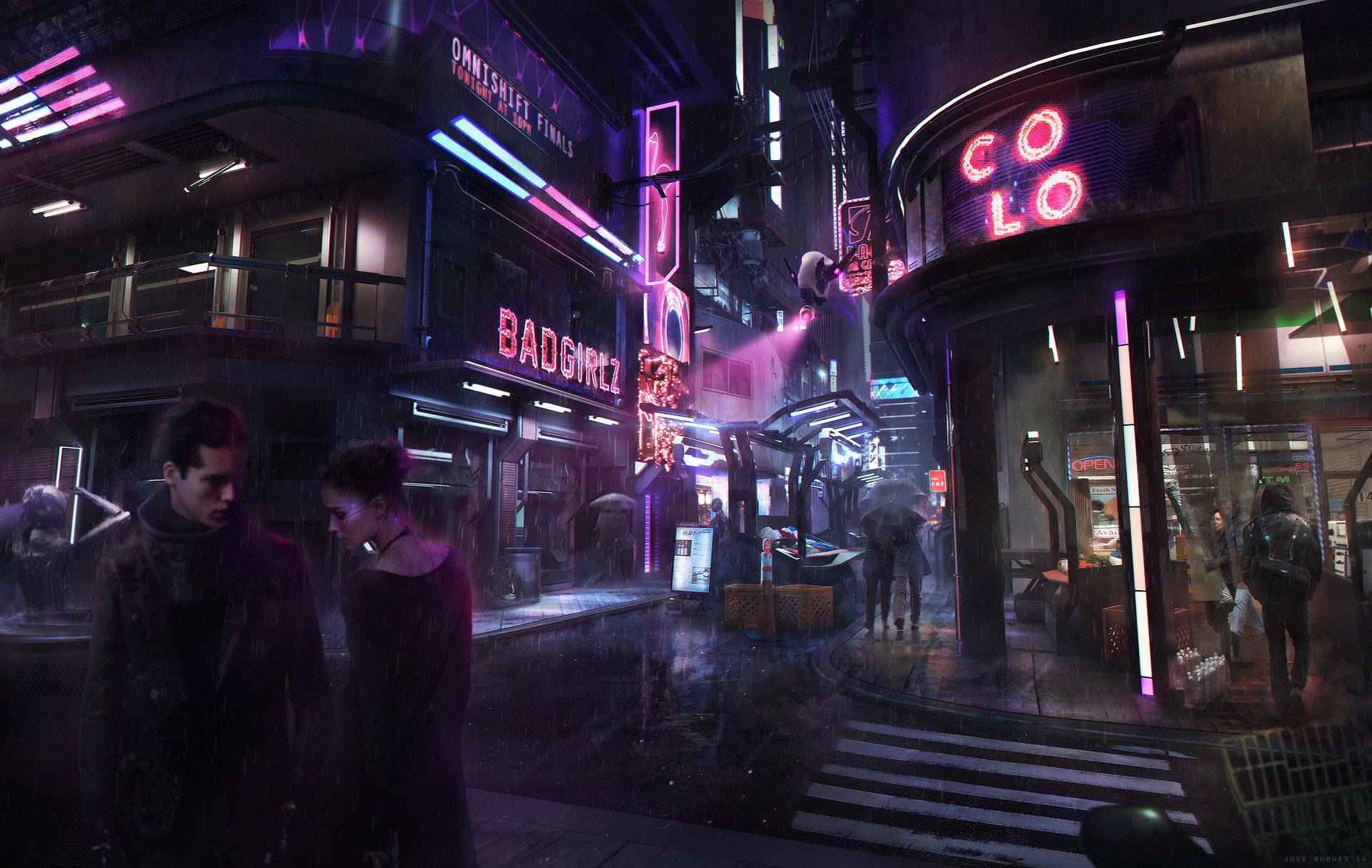General 1920x1215 cyberpunk neon futuristic glowing digital art violet city lights street
