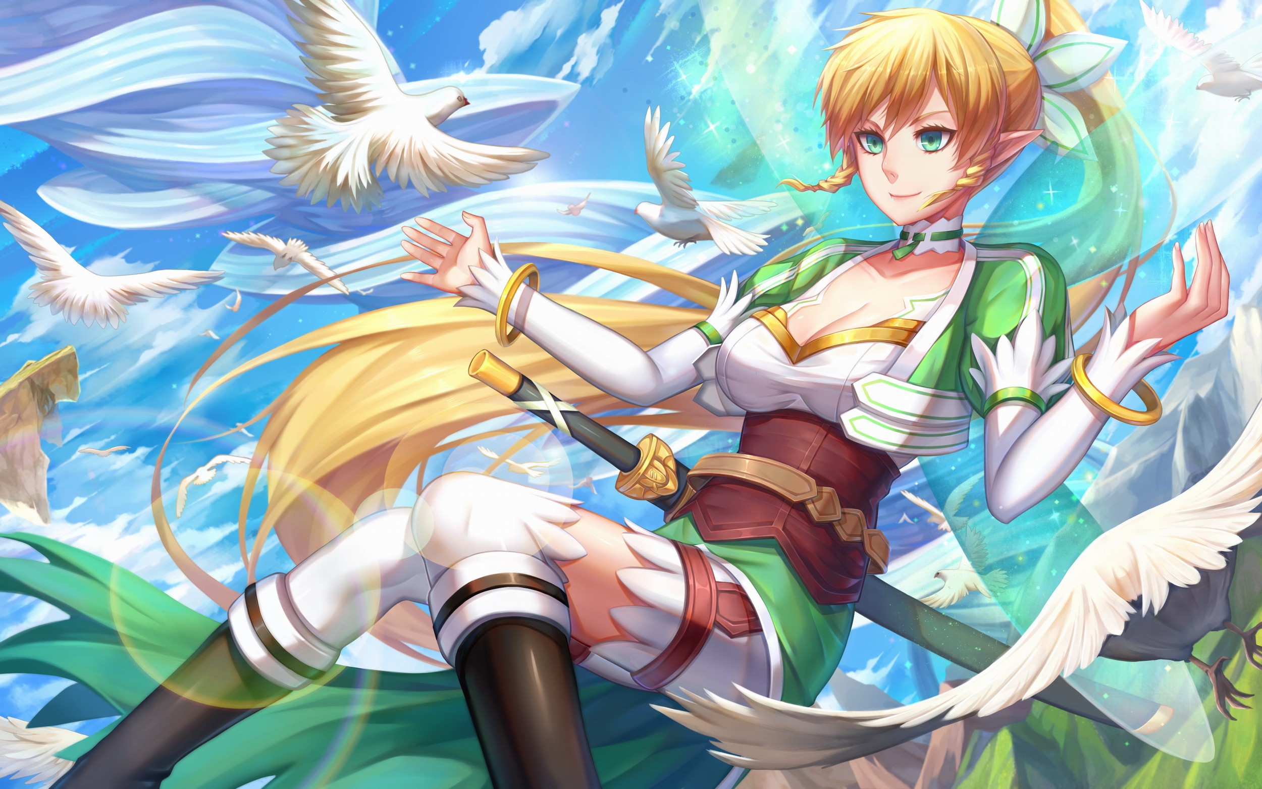 Anime 2500x1563 anime anime girls Sword Art Online long hair blonde elves sword weapon birds