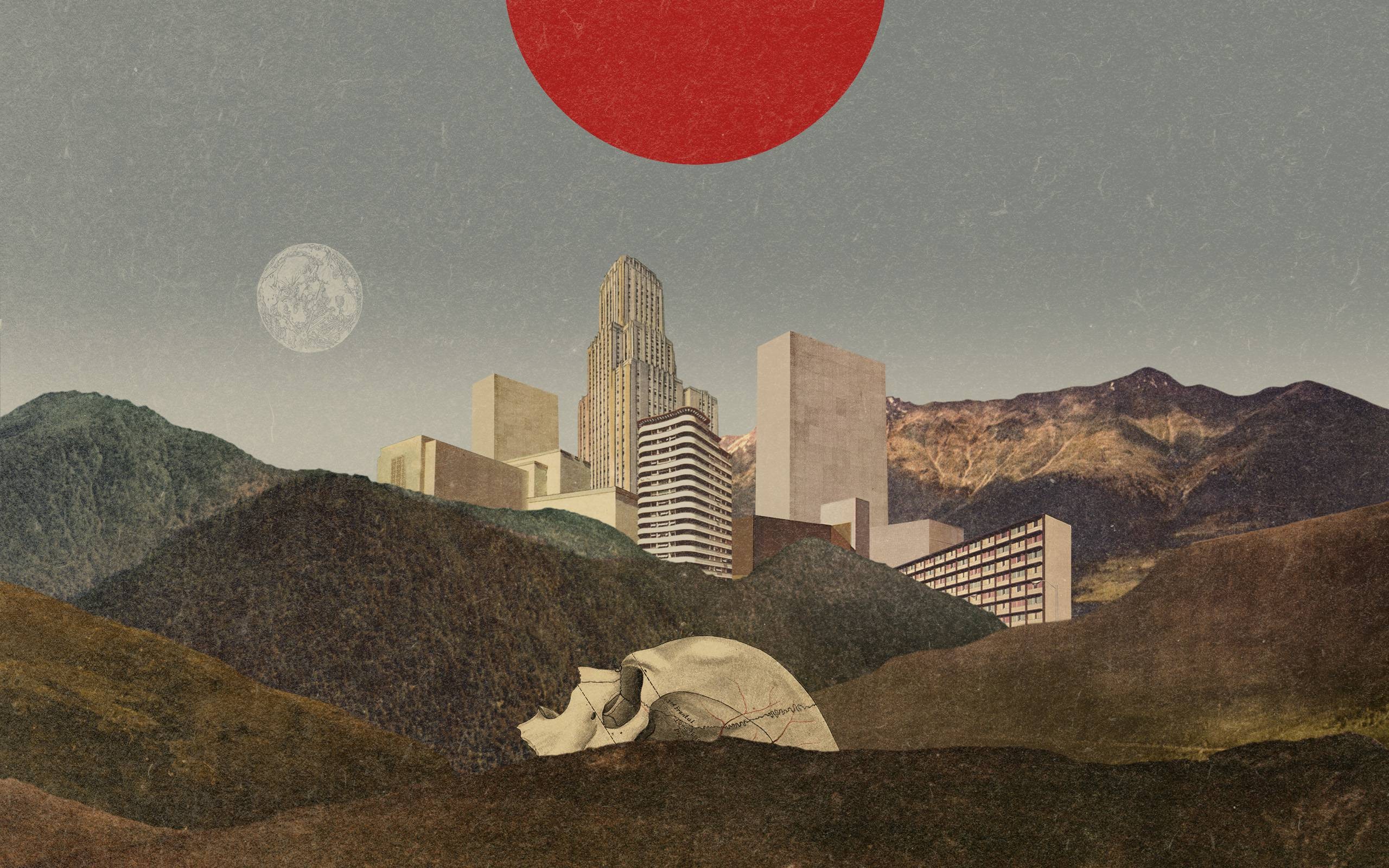 General 2560x1600 nature landscape digital art Sun Moon skull hills mountains building album covers cover art