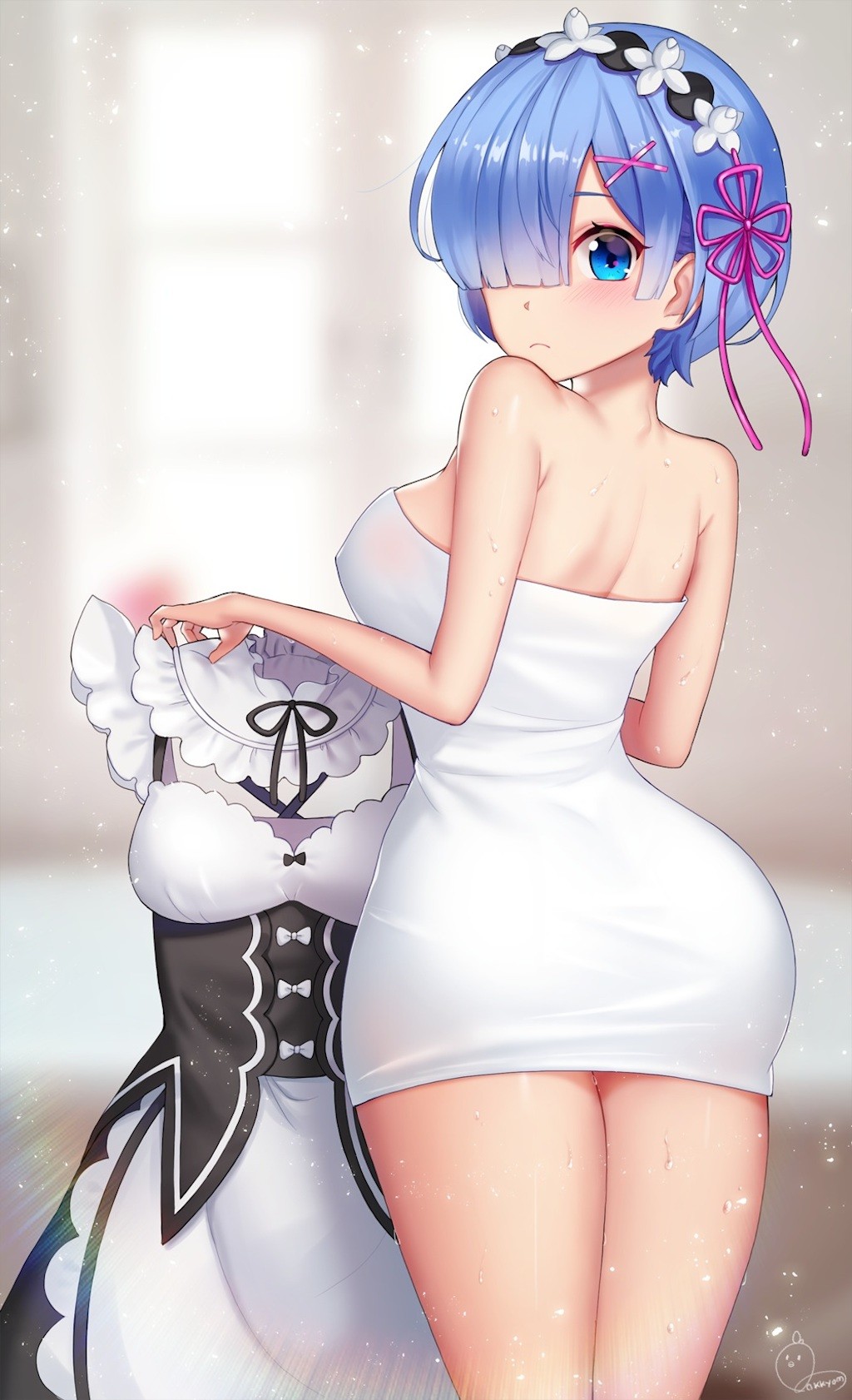 Anime 1024x1682 Re:Zero Kara Hajimeru Isekai Seikatsu Rem (Re:Zero) maid outfit looking over shoulder ass looking at viewer short hair anime girls blue hair hair over one eye maid hair ornament sideboob blurred blurry background rear view blue eyes closed mouth wet body signature standing