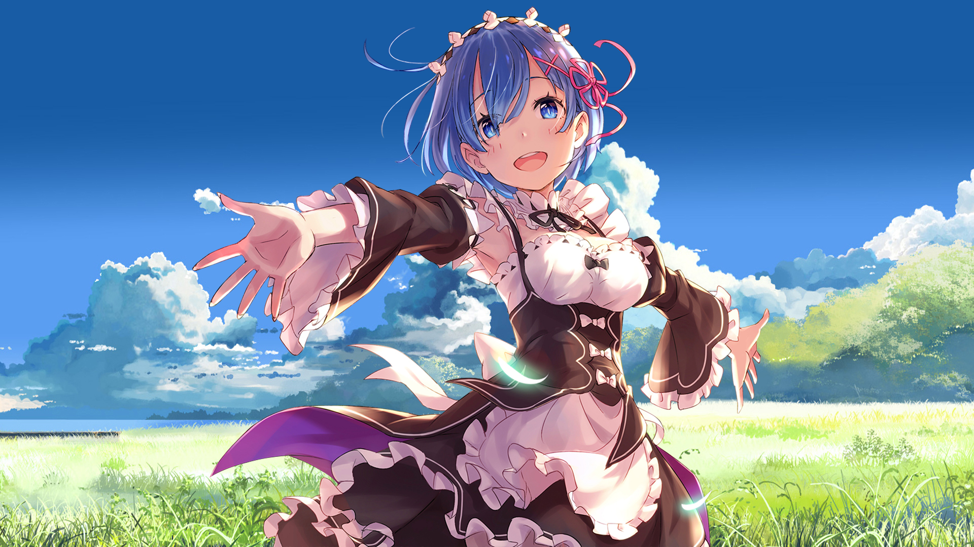 Anime 1920x1080 Re:Zero Kara Hajimeru Isekai Seikatsu Rem (Re:Zero) anime girls looking at viewer short hair blue hair blue eyes open arms open mouth outdoors women outdoors maid sky clouds field grass standing detached sleeves frills maid outfit hair ornament wide sleeves leaves