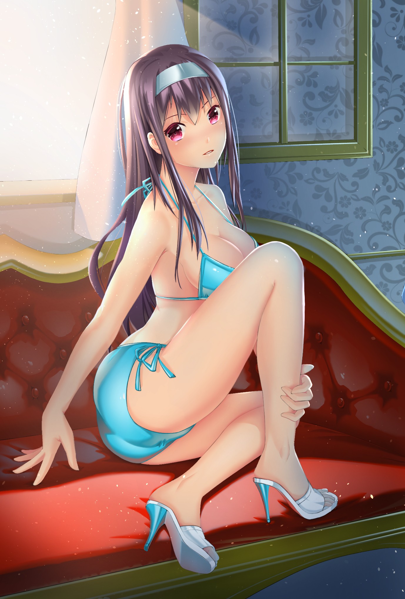 Anime 1378x2039 anime anime girls bikini legs long hair pink eyes high heels feet purple hair