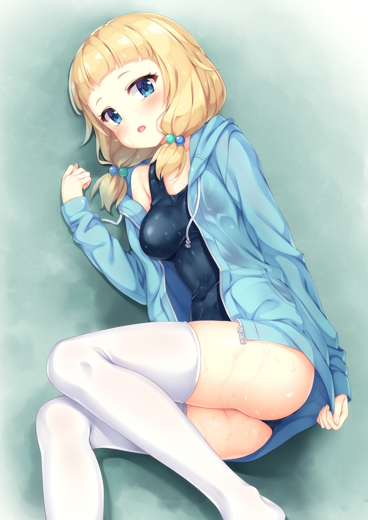 Anime 1238x1748 anime anime girls New Game!  Nene Sakura ass open shirt wet wet clothing short hair blonde blue eyes stockings